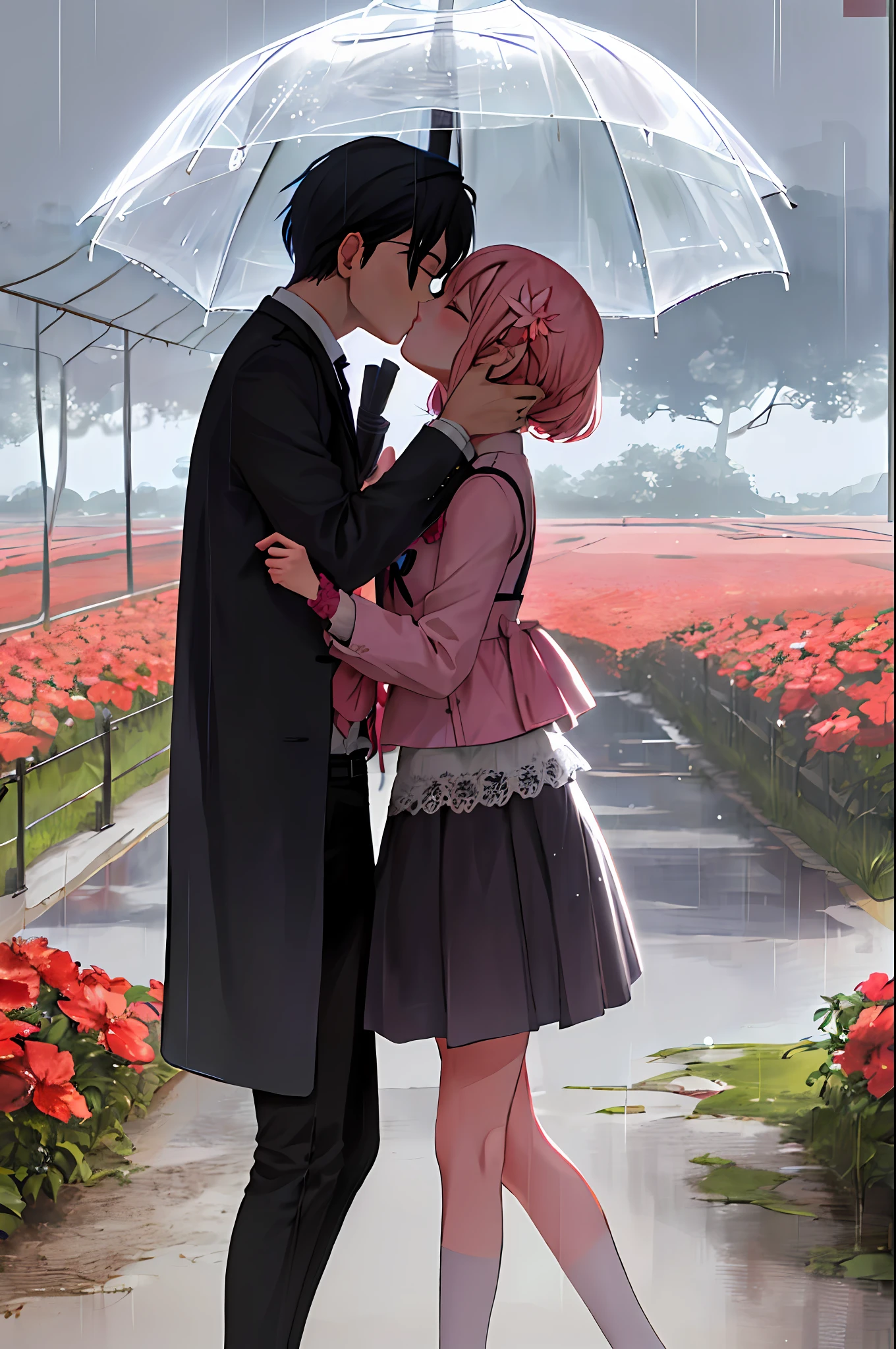 A couple kisses under an umbrella in the field, kissing is a wordless incantation, it rains, in the rain, kiss together cutely, stand in the rain, kiss together, rain background, rain falls, rain, people holding umbrella anime couple kissing in a flower field, photos of Lee Jeon-seok, Tumblr, series of art, kiss together cutely, Guvez style artwork, manga, art style of bovoort, high-quality fan art, cute, cute kiss, cute couple, art trends, couple pose, kiss together, 🍁 Highly detailed and refined fanart