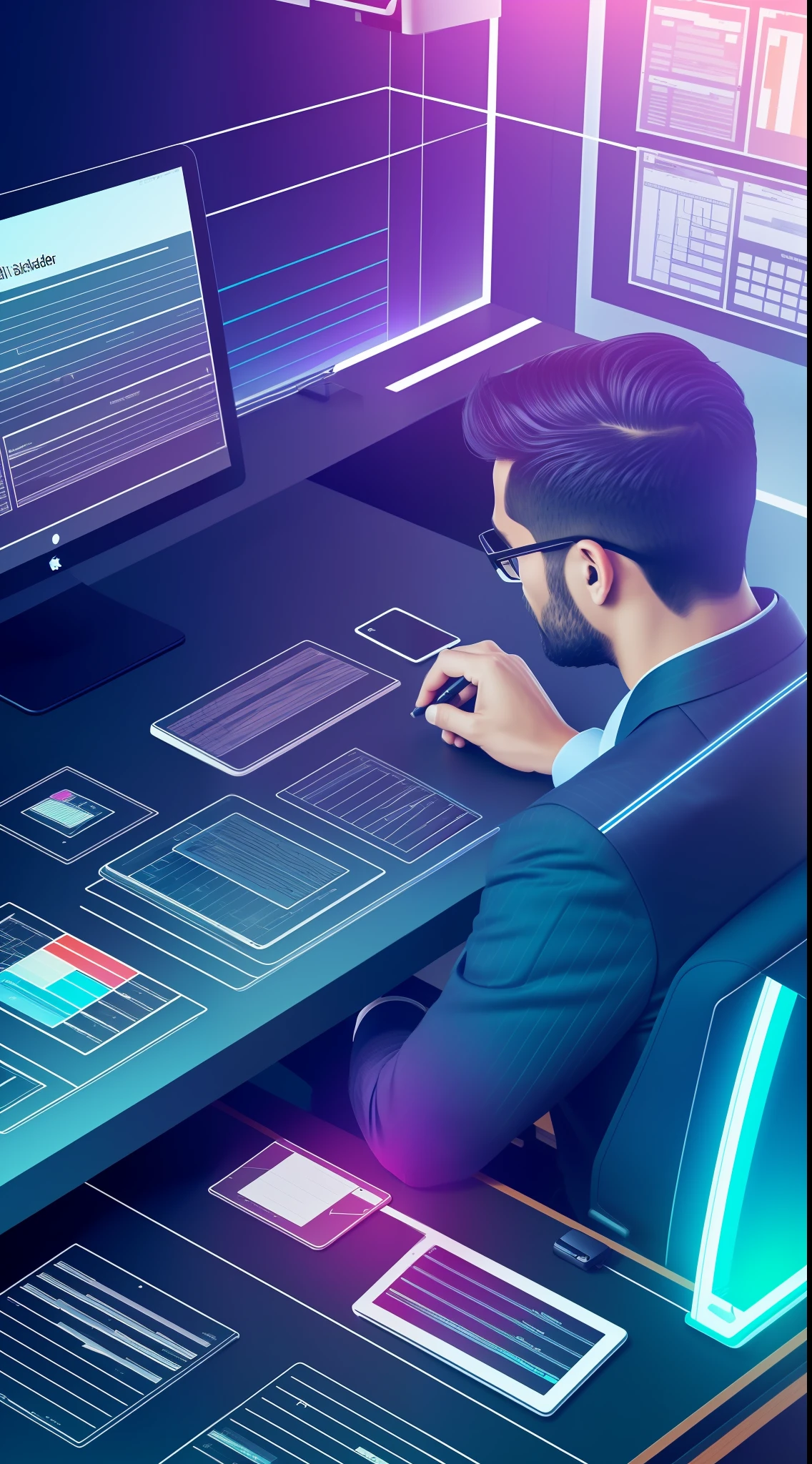 Create an image of a man sitting (((very detailed hands))) at a desk in his office, using a laptop in front of him. Humanoid looking at the screen, where there are spreadsheets, chart, wires, futuristic elements. In the background of the image, there is a board with graphics, a calendar and a phone. The image should have a realistic style, a vertical format, and a high resolution. The image should have good lighting and bright, vibrant colors.