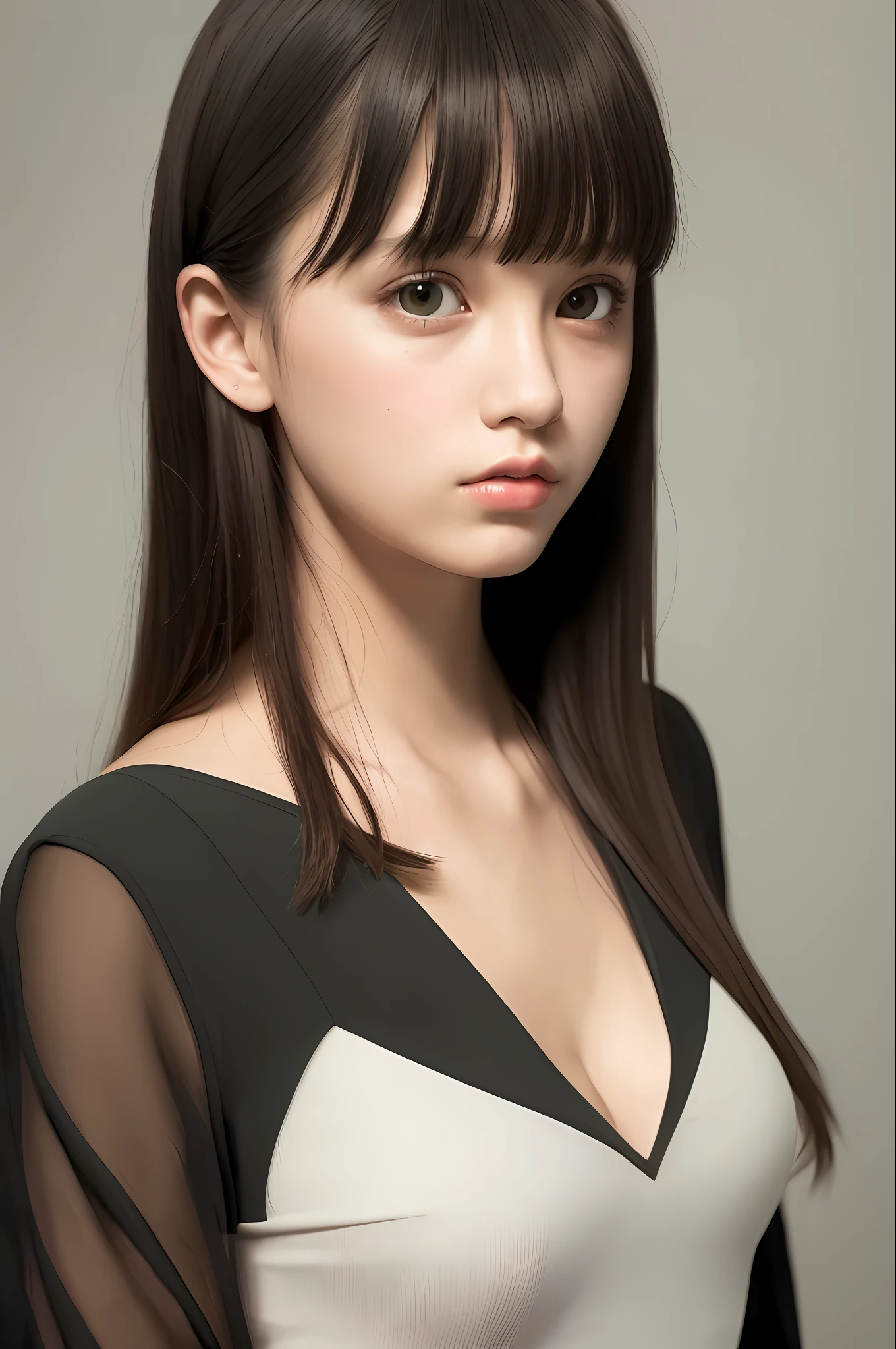 masterpiece, best quality, (dark photo: 1.3), photorealistic, 1girl, flat bangs, stunning innocent symmetrical face, shirt, emotional, orchan, (PureErosFace_V1:0.7), big imitation, cleavage