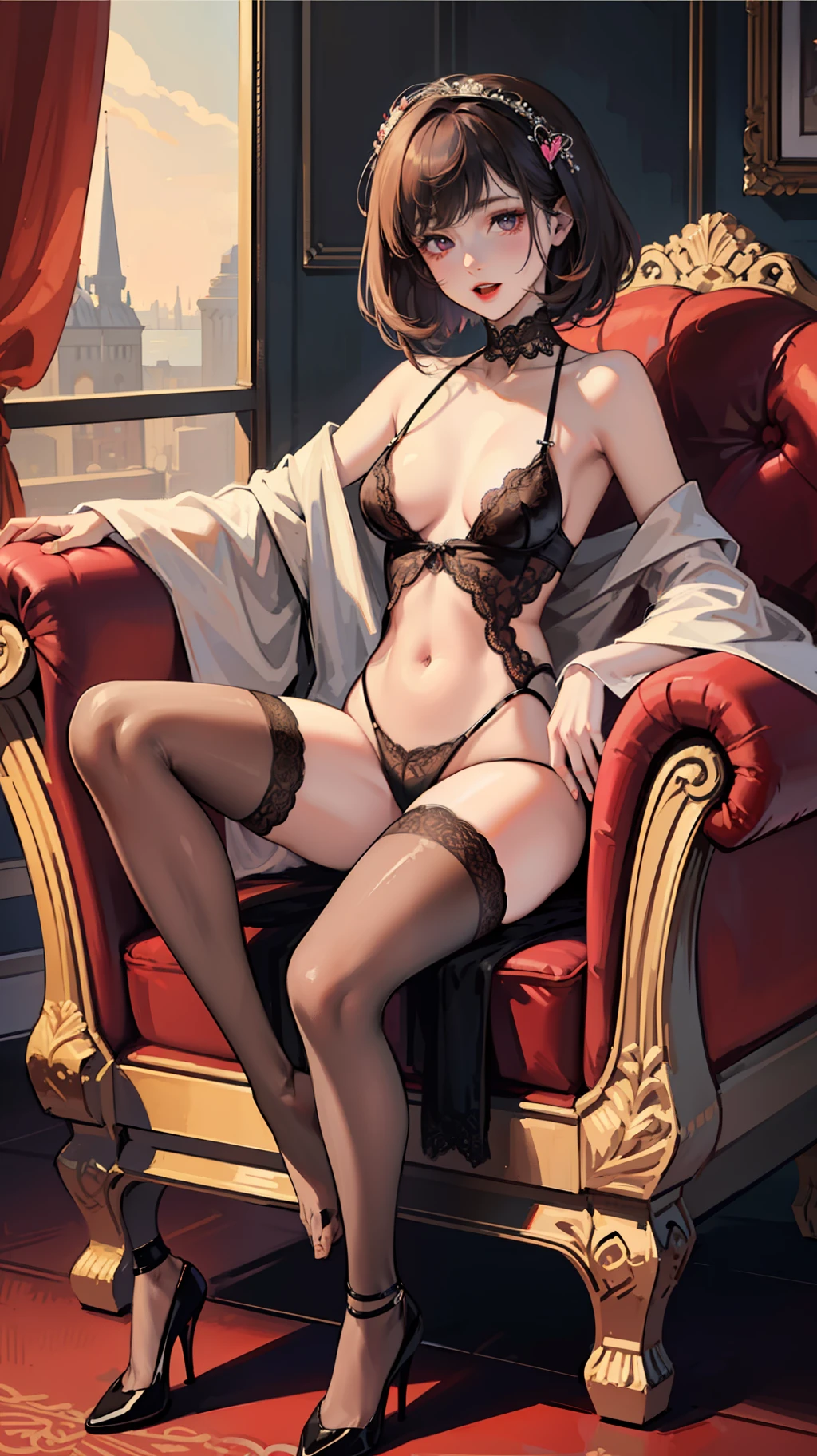 (NSFW: 1.4), (Best Quality, Masterpiece: 1.1), (Fidelity: 1.4), Woman, 22 years old, Lustful look, Flushed face, Face of Pleasure, Lustful expression, Lascivious half-open mouth, Short hair Messy red, Eyes purple color, In the Main Room, nocturnal moonlight, lace stockings, Lace choker, Hearts flying, Transparent lingerie, sitting in an armchair, legs open, full body, high heels, bare crotch, camel's paw, detailed hairy pubic anatomy, small breasts, hard chest beak, looking at the viewer, pov from below, comics style, analog style, illustration, lineart. heart pupil