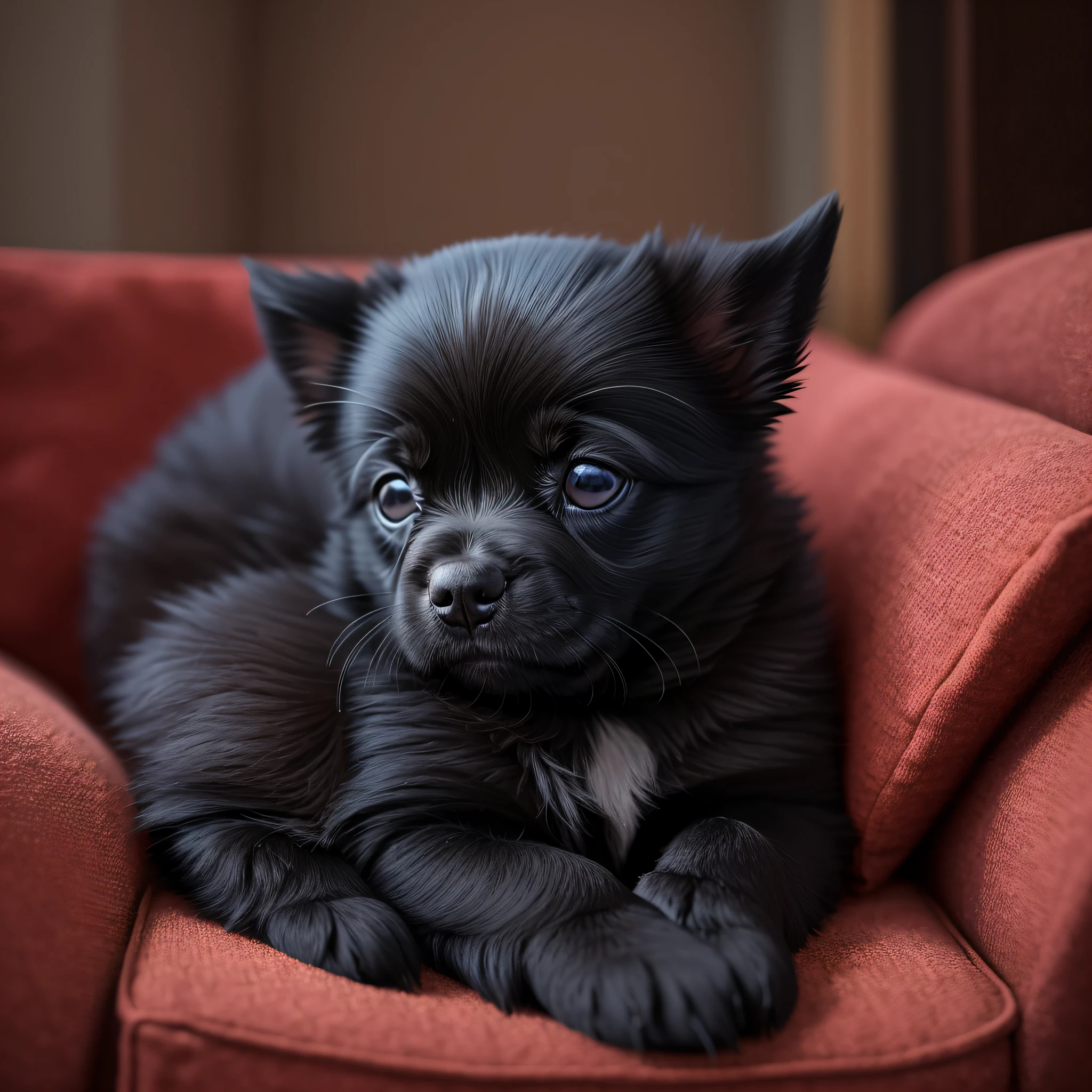 pequna cahorrinha sleeping on a sofa, beautiful black puppy, friendly puppy, stray puppy, small dog, red sofa, picture in a room --auto --s2