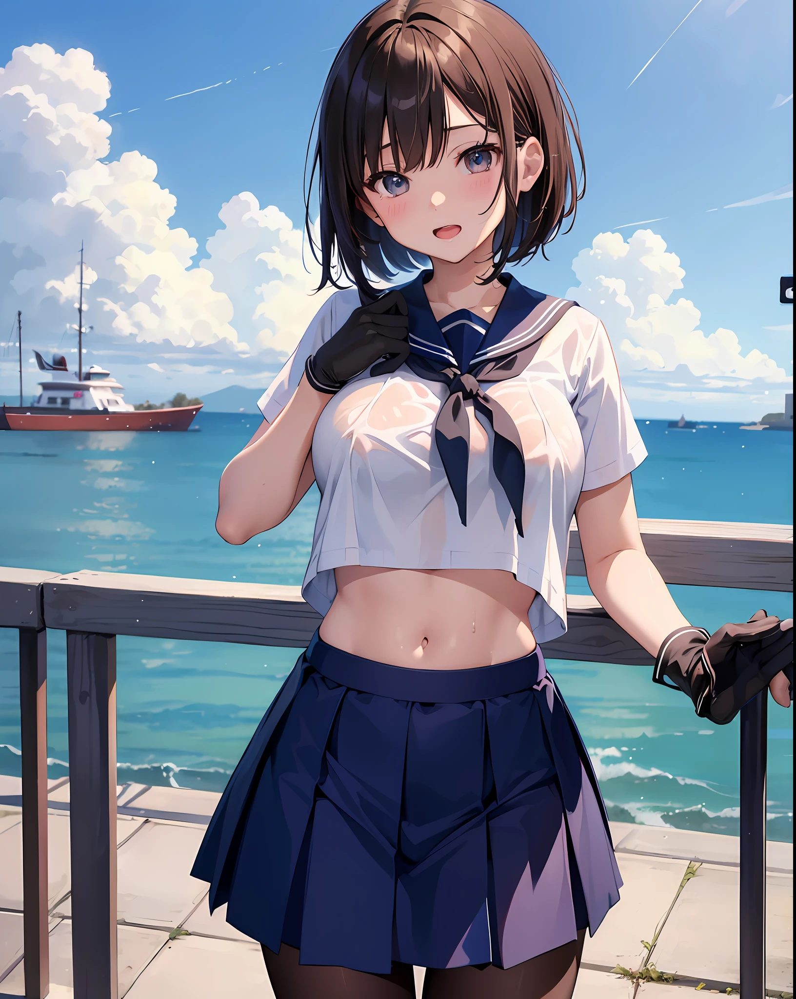 1young_teen_女の子、ロリ、brown_hair、medium_bob_hair、blue_midriff_baring_sailor_uniform、mini_skirt、short_sleeve、太もも、big_tits,closed_eyes, 笑顔、open_mouth、立っている,harbor_background、slightly_spread_legs、幸せ、NSFW、short_gloves, wet,transparent,covered_nipples, covered_crotch, under_tits,