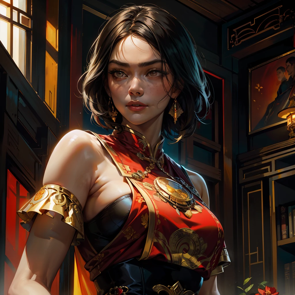 1oriental woman with freckles and black eyes, holding a pair of scissors (Chinese antiquity) with intriguing details in gold, frank dicksee style art, Maia Tamarin from Spin The Dawn written by Elizabeth Lim, inspired by Mayan Tamarin with oriental dynasty dress, extremely detailed magical epic in shades of yellow and white (check character description) color palette with romantic tones, shades of purple, red and yellow, cinematic tones, dynamic oil painting poster by Joseph Christian Leyendecker & James Jean & Anders Zorn & Jeremy Mann & Alphonse Mucha & Shepard Fairey, Chinese epic protagonist girl in dynamic pose, happycore, flowerpunk, intricate details, dynamic portraiture, dramatic lighting, backlit, raking light, vibrant, Deep focus, hands anatomically correct, fingers anatomically correct