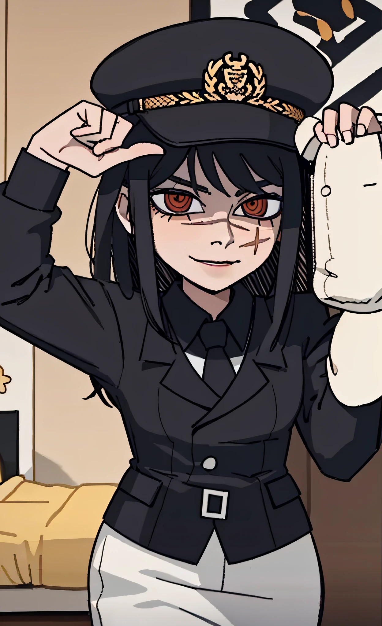 (masterpiece, best quality: 1.2), Solo, 1girl, Yoru \(Chainsaw Man\), looking at the viewer, different poses, red eye, long hair, completely black hair, reference to clothing of a German WWII general, black long sleeves (best quality), scar on face, beautiful eyes, has only 2 arms, has war medals on his clothes, Black Military Cap, Golden Eagle Medal on Clothing, (Wallpaper), (8K HD), (8K HD), Golden Shoulder Pads, Sprites, 1 Single Design (masterpiece, best quality: 1.2), Solo, 1girl, Yoru \(Chainsaw Man\), looking at the viewer, smile, happy, different poses, red eye, long hair, completely black hair, reference to clothing of a German WWII general, black long sleeves (best quality), scar on face, beautiful eyes, has only 2 arms, has war medals on his clothes, black military cap, golden eagle medal on clothing, (wallpaper), (8K HD), (8K HD), (8K HD), golden shoulder pads, sprites, 1 single design