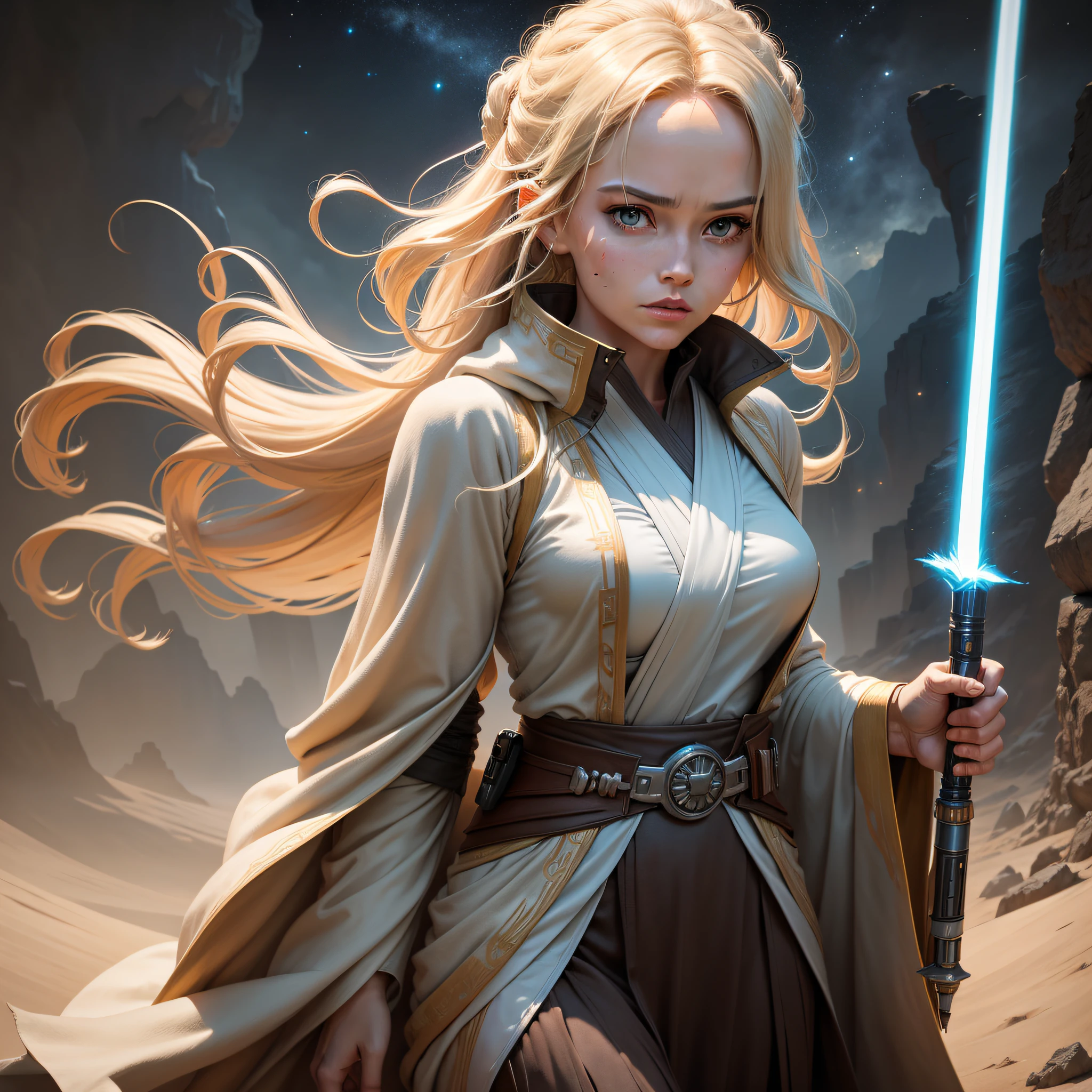 (8K, high resolution, cinematic), Bring to life a captivating digital portrait of a stunning 27-year-old woman with flowing blonde hair, dressed in a meticulously crafted Star Wars-themed Jedi outfit. The woman should emanate an air of grace and strength, embodying the spirit of a Jedi warrior. Her eyes should exude a sense of determination and wisdom, reflecting the trials she has faced. The Jedi outfit should be intricately designed, featuring earthy tones and flowing robes that flutter in an imaginary breeze, evoking a sense of both elegance and practicality. The woman's posture should exude confidence, with one hand resting on a lightsaber hanging from her belt, hinting at her skill in combat. Let the background complement the Jedi's aura, whether it be a serene natural landscape or a scene depicting a distant star system. The artwork should capture the essence of this remarkable woman, inviting viewers to imagine her story and the adventures she embarks upon in a galaxy far, far away