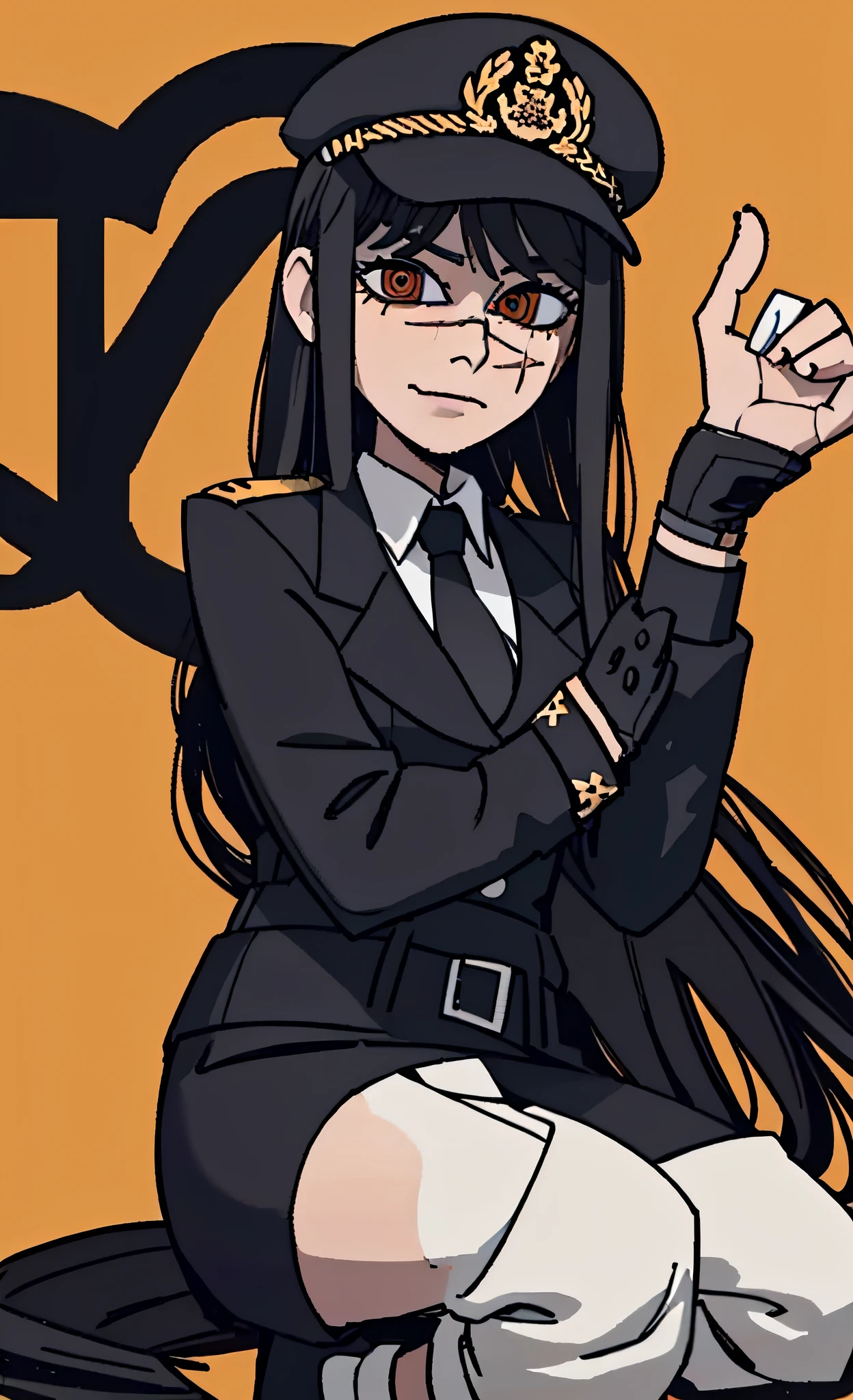 (masterpiece, best quality: 1.2), Solo, 1girl, Yoru \(Chainsaw Man\), looking at the viewer, different poses, red eye, long hair, completely black hair, reference to clothing of a German WWII general, black long sleeves (best quality), scar on face, beautiful eyes, has only 2 arms, has war medals on his clothes, Black Military Cap, Golden Eagle Medal on Clothing, (Wallpaper), (8K HD), (8K HD), Golden Shoulder Pads, Sprites, 1 Single Design (masterpiece, best quality: 1.2), Solo, 1girl, Yoru \(Chainsaw Man\), looking at the viewer, smile, happy, different poses, red eye, long hair, completely black hair, reference to clothing of a German WWII general, black long sleeves (best quality), scar on face, beautiful eyes, has only 2 arms, has war medals on his clothes, black military cap, golden eagle medal on clothing, (wallpaper), (8K HD), (8K HD), (8K HD), golden shoulder pads, sprites, 1 single design