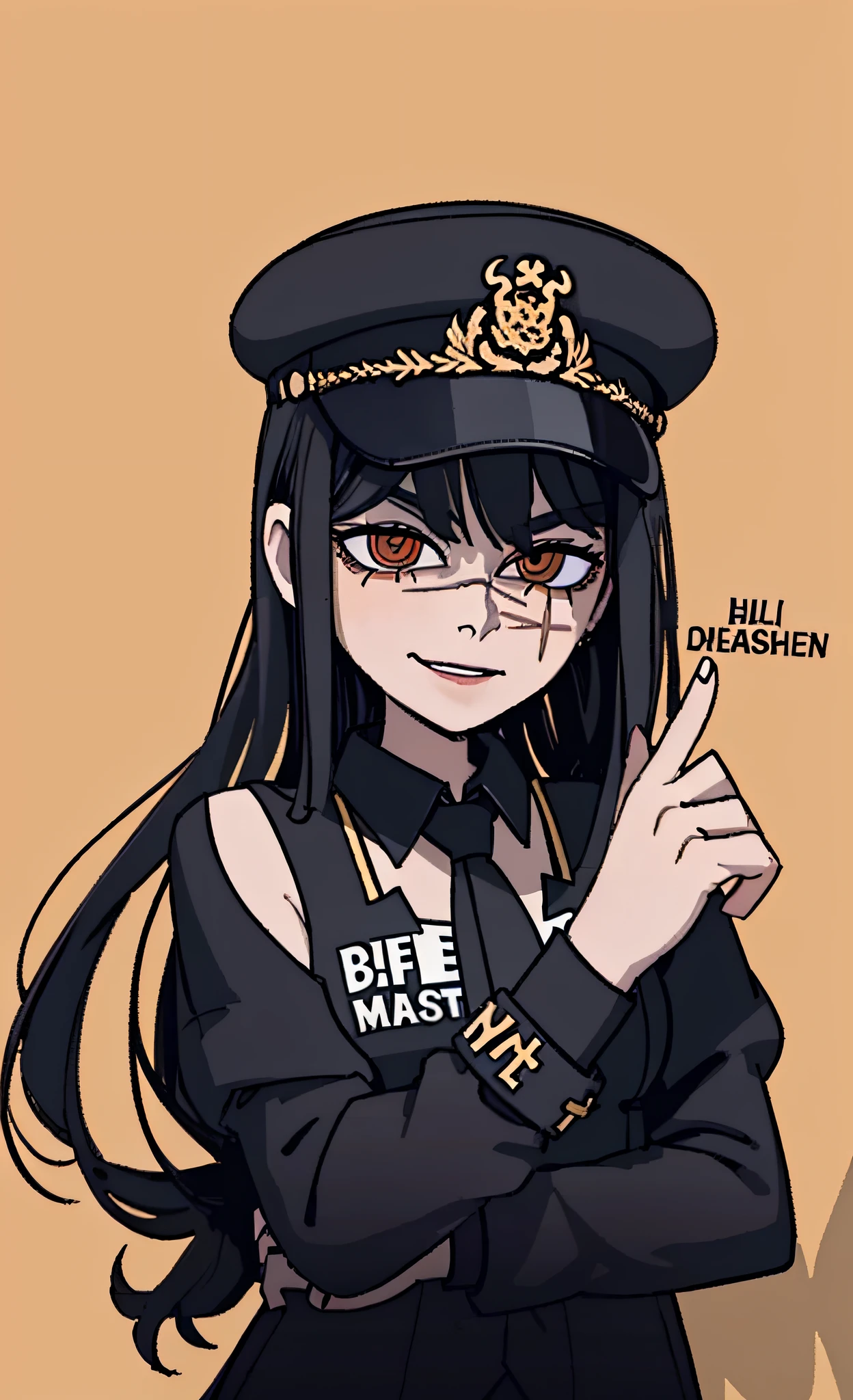 (masterpiece, best quality: 1.2), Solo, 1girl, Yoru \(Chainsaw Man\), looking at the viewer, different poses, red eye, long hair, completely black hair, reference to clothing of a German WWII general, black long sleeves (best quality), scar on face, beautiful eyes, has only 2 arms, has war medals on his clothes, Black Military Cap, Golden Eagle Medal on Clothing, (Wallpaper), (8K HD), (8K HD), Golden Shoulder Pads, Sprites, 1 Single Design (masterpiece, best quality: 1.2), Solo, 1girl, Yoru \(Chainsaw Man\), looking at the viewer, smile, happy, different poses, red eye, long hair, completely black hair, reference to clothing of a German WWII general, black long sleeves (best quality), scar on face, beautiful eyes, has only 2 arms, has war medals on his clothes, black military cap, golden eagle medal on clothing, (wallpaper), (8K HD), (8K HD), (8K HD), golden shoulder pads, sprites, 1 single design