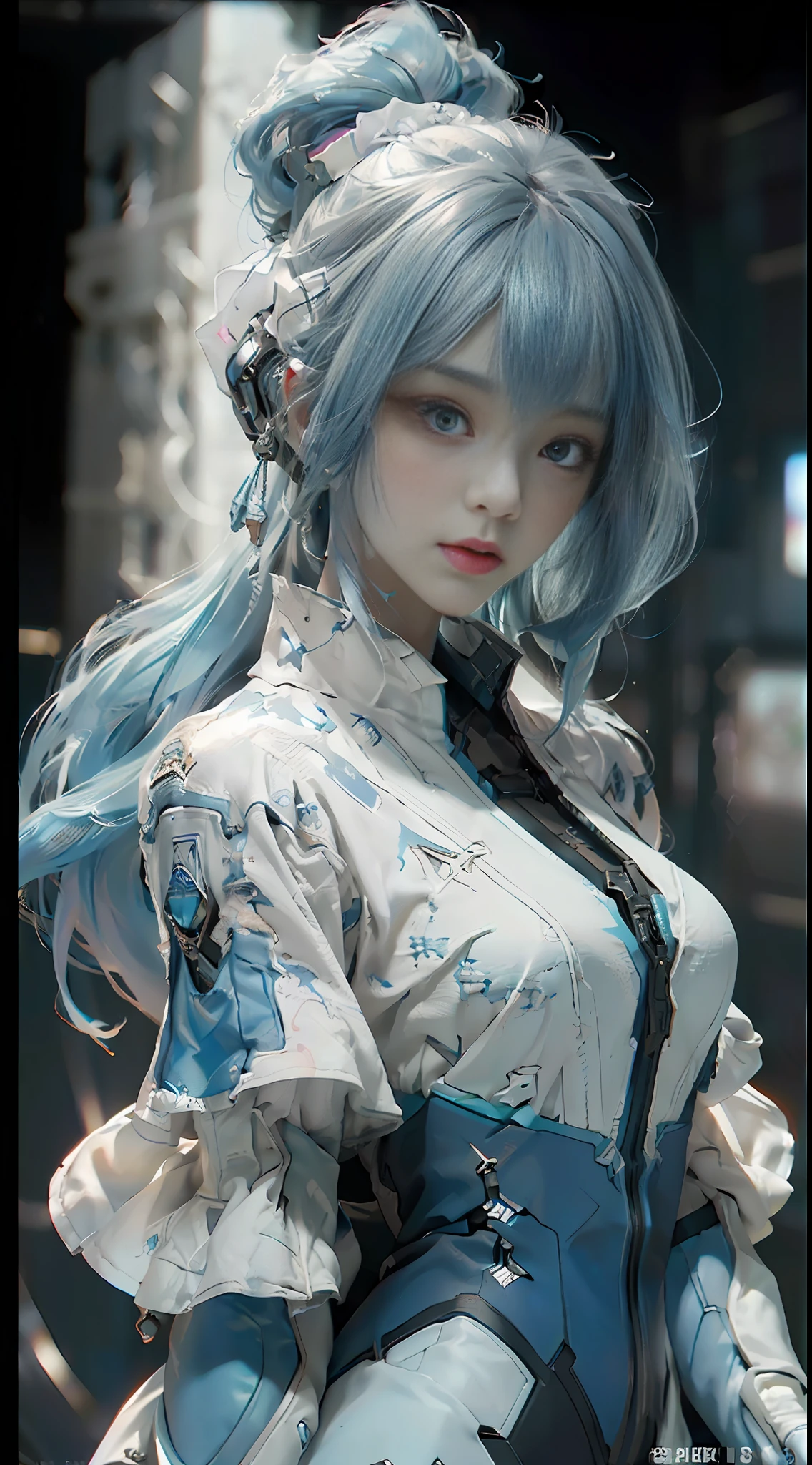 (Best Quality), ((Masterpiece), (Detail: 1.4), 3D, A Beautiful Cyberpunk Female Figure, Blue Hair, HDR (High Dynamic Range), Ray Tracing, NVIDIA RTX, Super-Resolution, Unreal 5, Subsurface Scattering, PBR Textures, Post-processing, Anisotropic Filtering, Depth of Field, Maximum Sharpness and Clarity, Multi-layer Textures, Albedo and Highlight Maps, Surface Shading, Accurate simulation of light-material interactions, perfect proportions, Octane Render, two-color light, large aperture, low ISO, white balance, rule of thirds, 8K RAW,