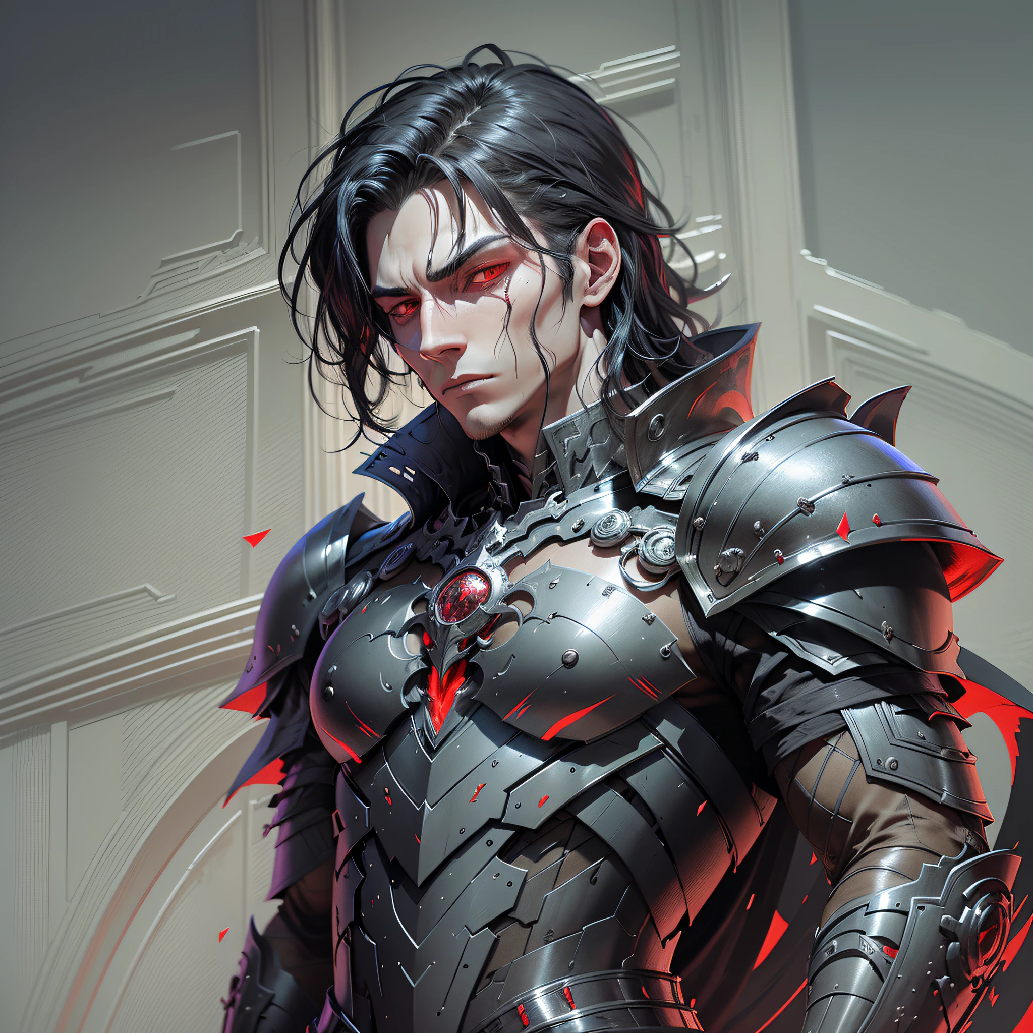 Kael is a mysterious and dark character whose presence exudes a sinister aura. He has black hair like the night, piercing red eyes. His appearance is marked by black armor with red accents. --auto --s2