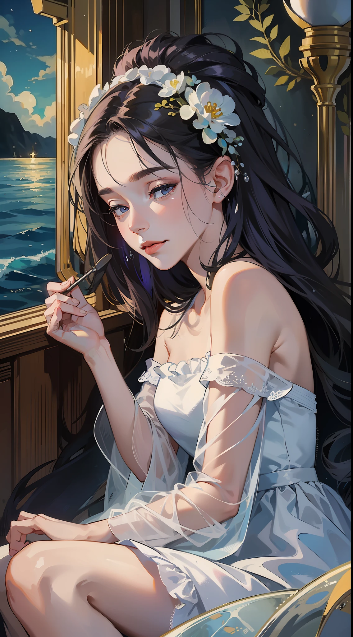 ((Superior quality, 16k, masterpiece: 1.3)), (Beauty, 1 girl, sleeping at the bottom of the sea, dark maritime scenery, white dress).