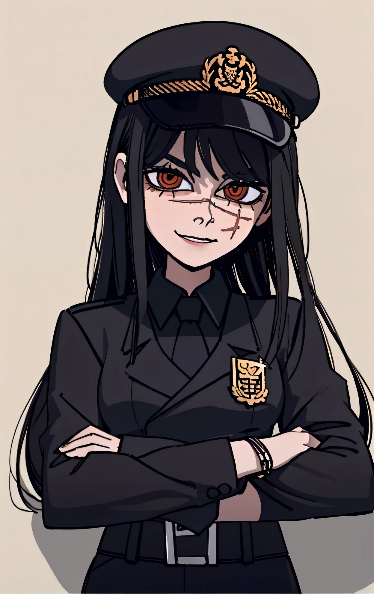 (masterpiece, best quality: 1.2), Solo, 1girl, Yoru \(Chainsaw Man\), looking at the viewer, different poses, red eye, long hair, completely black hair, reference to clothing of a German WWII general, black long sleeves (best quality), scar on face, beautiful eyes, has only 2 arms, has war medals on his clothes, Black Military Cap, Golden Eagle Medal on Clothing, (Wallpaper), (8K HD), (8K HD), Golden Shoulder Pads, Sprites, 1 Single Design (masterpiece, best quality: 1.2), Solo, 1girl, Yoru \(Chainsaw Man\), looking at the viewer, smile, happy, different poses, red eye, long hair, completely black hair, reference to clothing of a German WWII general, black long sleeves (best quality), scar on face, beautiful eyes, has only 2 arms, has war medals on his clothes, black military cap, golden eagle medal on clothing, (wallpaper), (8K HD), (8K HD), (8K HD), golden shoulder pads, sprites, 1 single design