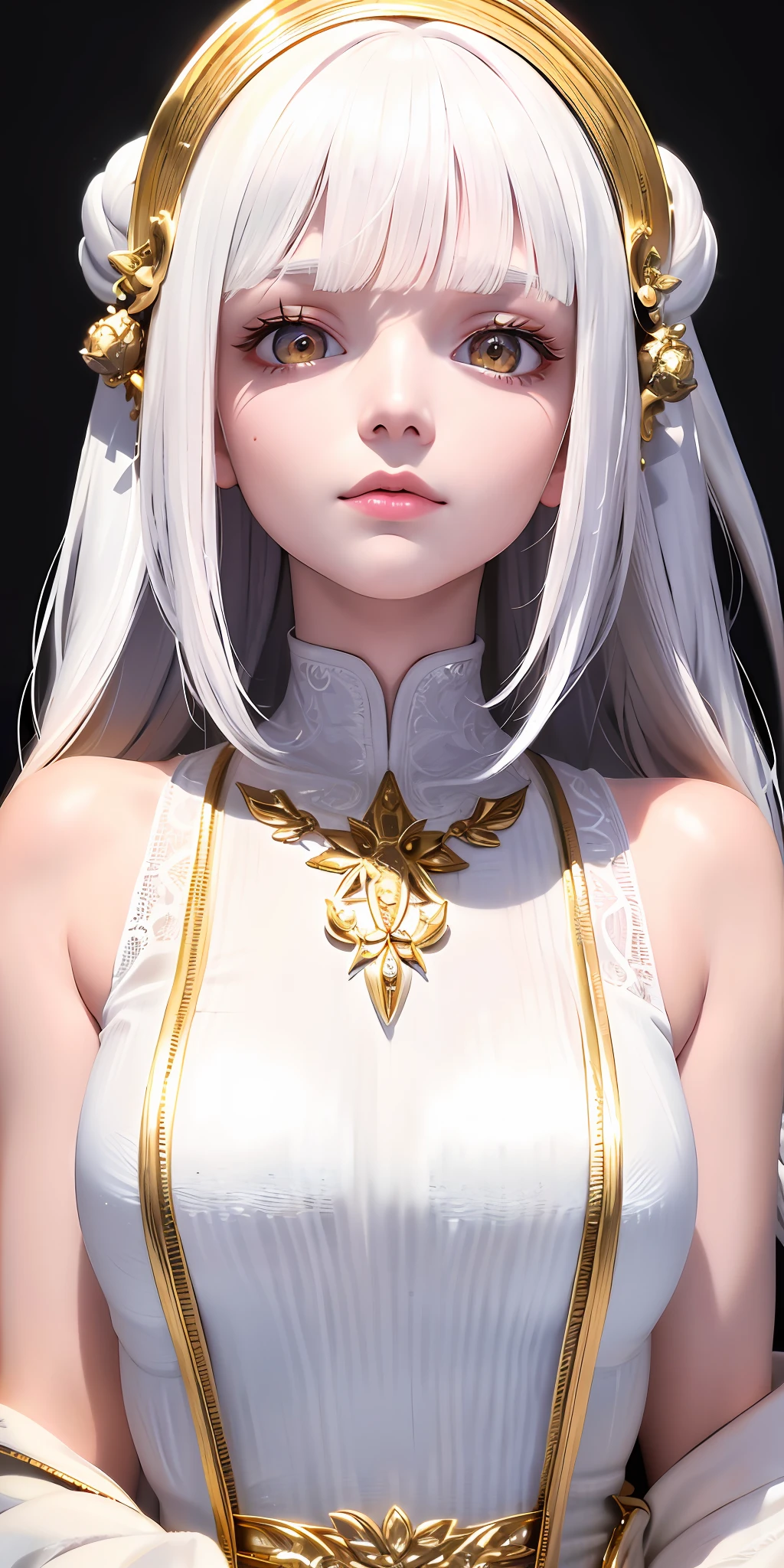 best quality, masterpiece,white hair, gold eyes,white clothes, looking up, upper body,hair strand,Fair skin,side braids