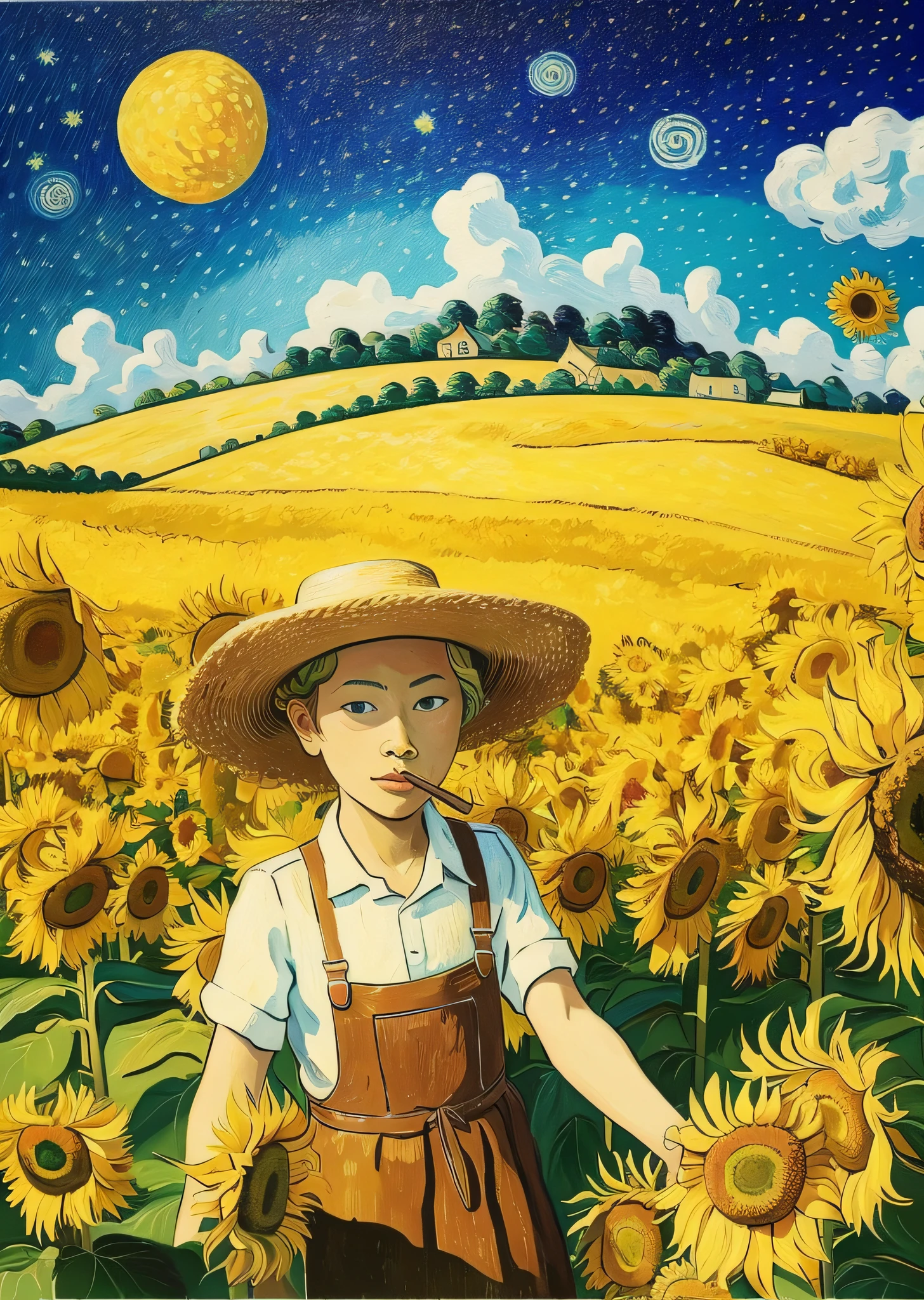 oil painting, by van gogh, colorful, abstract, abstract background, masterpiece, best quality, ultra detailed wallpaper,  20 year old bo, Wearing a straw hat, cornfield, tree, star, surreal dreamscape, sunflowers,night,