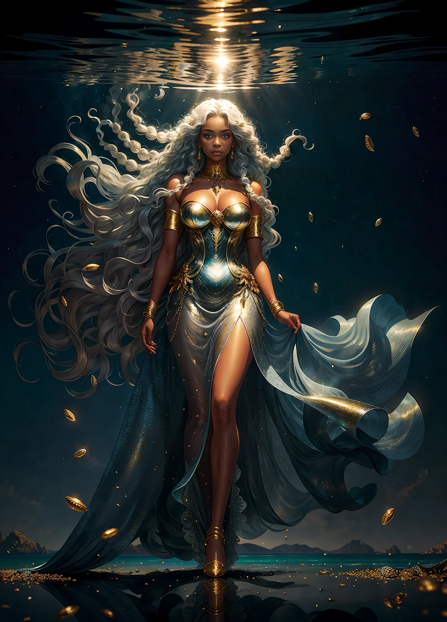Full body photo, illustration, film light, Realistic, highest quality, super detailed, best quality, masterpiece, (detailed face), sexy tall mature black woman, dress made of chained silver colored sea shells, bright sea sand, floating flowers Crystals, golden hair accessories, metal reflecting sunlight, (body focal length: 1.25), clear blue sky,  Desert ocean in the background, long curly hair, golden eyes, magic, darkness, light reflection