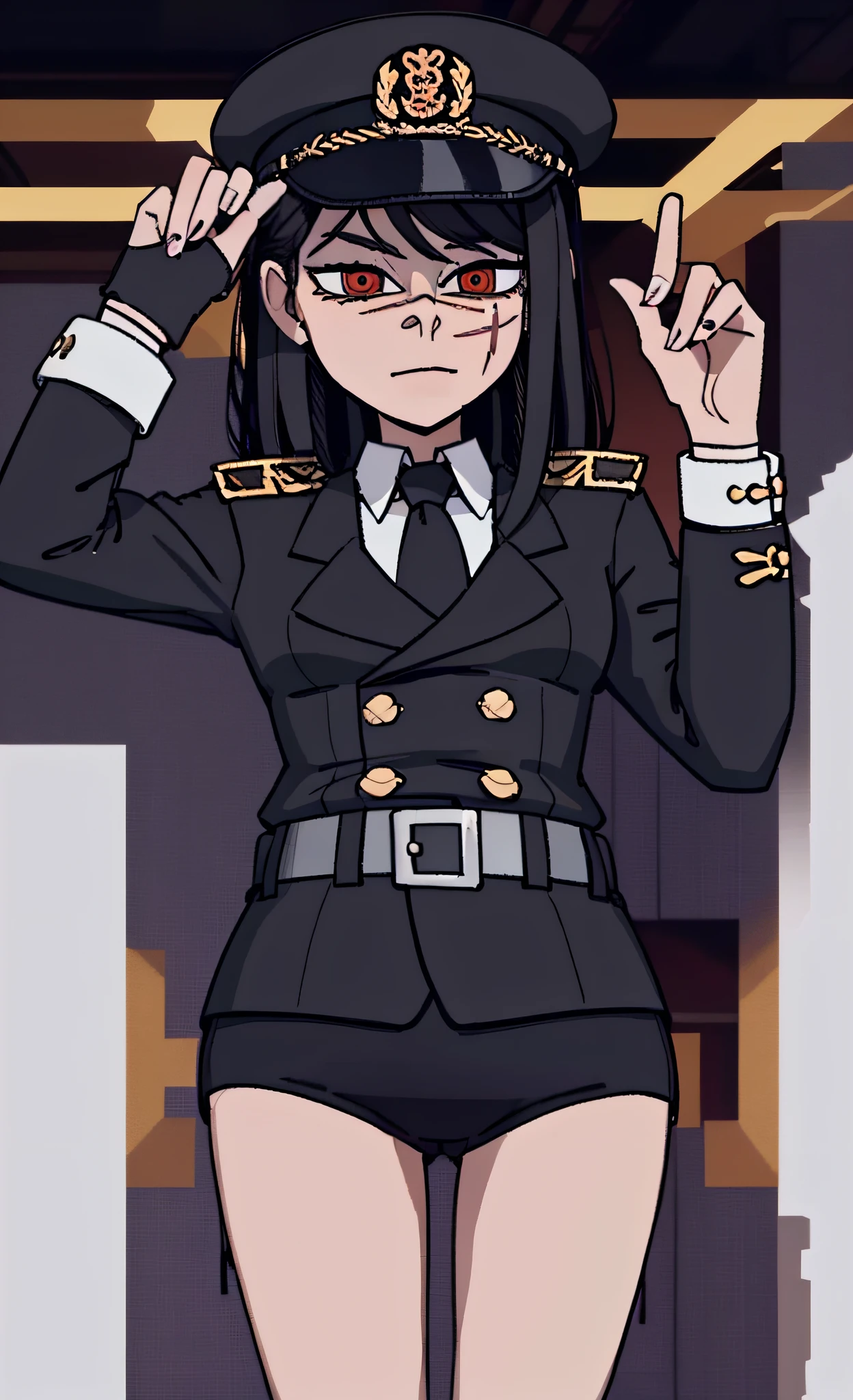 (masterpiece, best quality: 1.2), Solo, 1girl, Yoru \(Chainsaw Man\), looking at the viewer, different poses, red eye, long hair, completely black hair, reference to clothing of a German WWII general, black long sleeves (best quality), scar on face, beautiful eyes, has only 2 arms, has war medals on his clothes, Black Military Cap, Golden Eagle Medal on Clothing, (Wallpaper), (8K HD), (8K HD), Golden Shoulder Pads, Sprites, 1 Single Design (masterpiece, best quality: 1.2), Solo, 1girl, Yoru \(Chainsaw Man\), looking at the viewer, smile, happy, different poses, red eye, long hair, completely black hair, reference to clothing of a German WWII general, black long sleeves (best quality), scar on face, beautiful eyes, has only 2 arms, has war medals on his clothes, black military cap, golden eagle medal on clothing, (wallpaper), (8K HD), (8K HD), (8K HD), golden shoulder pads, sprites, 1 single design
