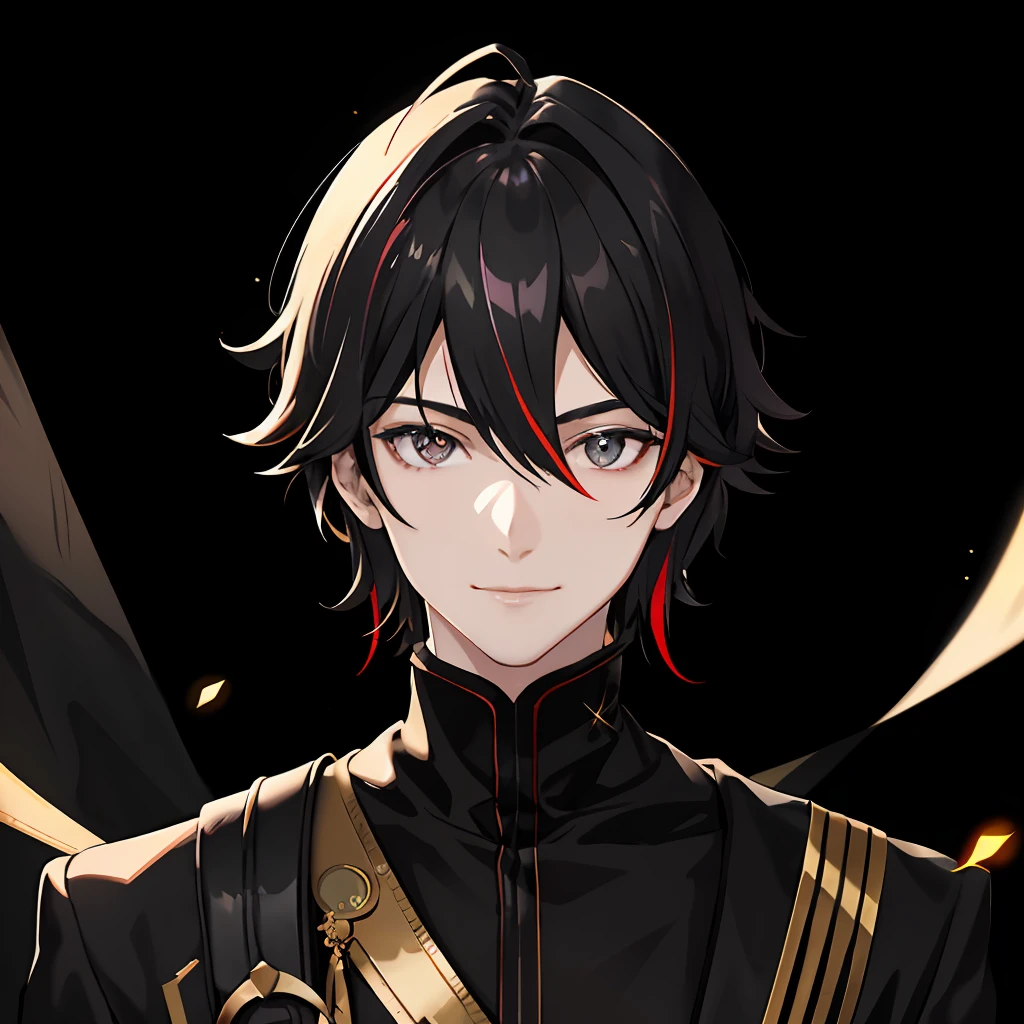 1man, dark hair, multicolored hair, gray eyes, mask on head, side lighting, light particles, face only, attractive, mysterious smile, best quality, finely detailed