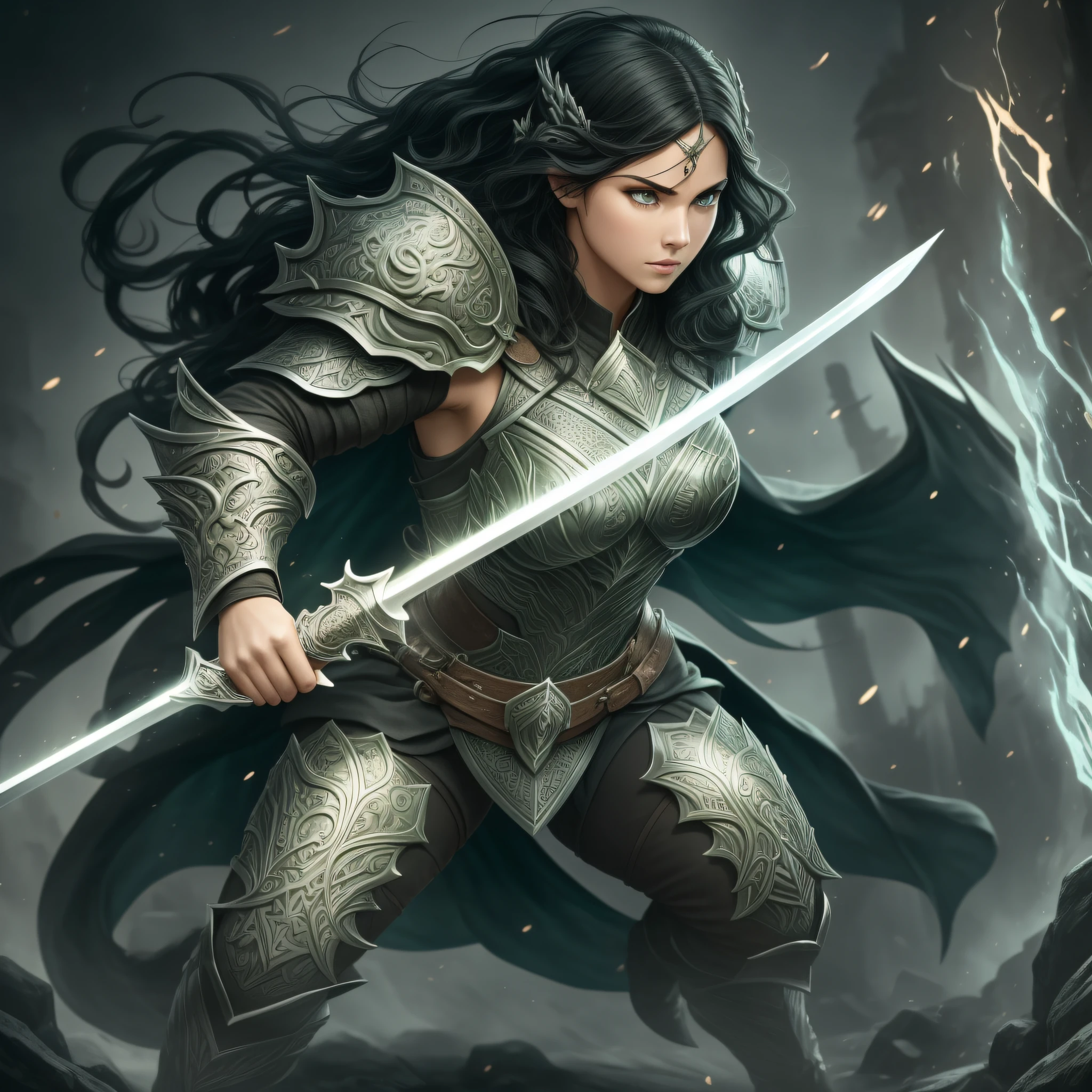 Draw the full-body character, with an imposing and confident posture, in an epic battle scene. Use strong, angular strokes to draw the heavy dragon armor, with embossed details and intricate textures. To give prominence to green eyes, take into account the position of light and shadows, creating a glow effect on the eyes. Black hair can be drawn fluidly and wavy, adding a touch of movement and softness to the overall design. Be sure to also include accessories, such as swords and shields, to give an even more dramatic touch to the scene. --auto --s2