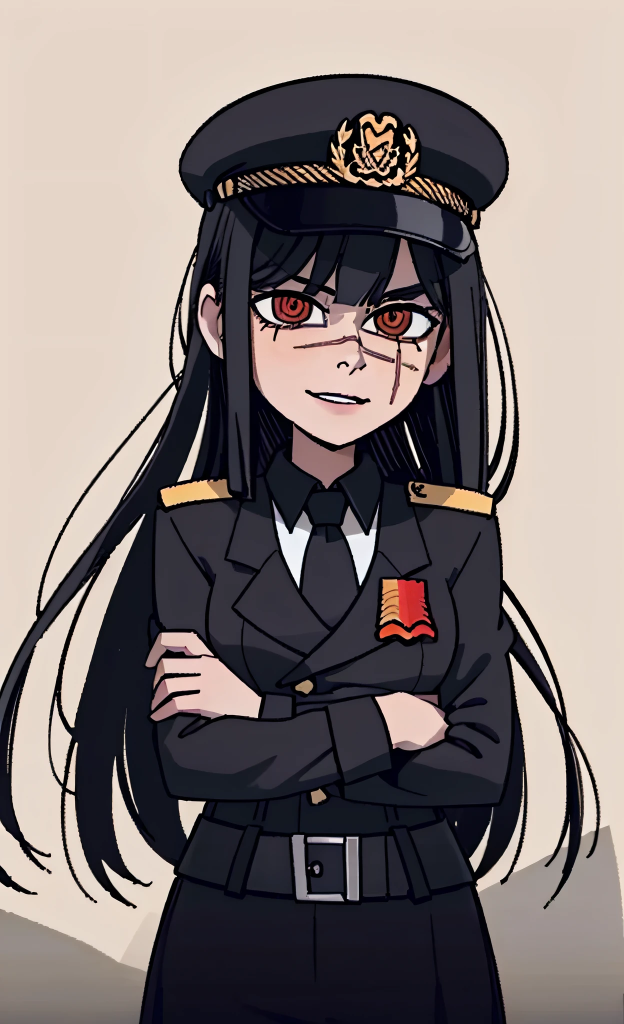 (masterpiece, best quality: 1.2), Solo, 1girl, Yoru \(Chainsaw Man\), looking at the viewer, different poses, red eye, long hair, completely black hair, reference to clothing of a German WWII general, black long sleeves (best quality), scar on face, beautiful eyes, has only 2 arms, has war medals on his clothes, Black Military Cap, Golden Eagle Medal on Clothing,  (Wallpaper), (8K HD), (8K HD), Golden Shoulder Pads, Sprites, 1 Single Design (masterpiece, best quality: 1.2), Solo, 1girl, Yoru \(Chainsaw Man\), looking at the viewer, smile, happy, different poses, red eye, long hair, completely black hair, reference to clothing of a German WWII general, black long sleeves (best quality), scar on face,  beautiful eyes, has only 2 arms, has war medals on his clothes, black military cap, golden eagle medal on clothing, (wallpaper), (8K HD), (8K HD), (8K HD), golden shoulder pads, sprites, 1 single design