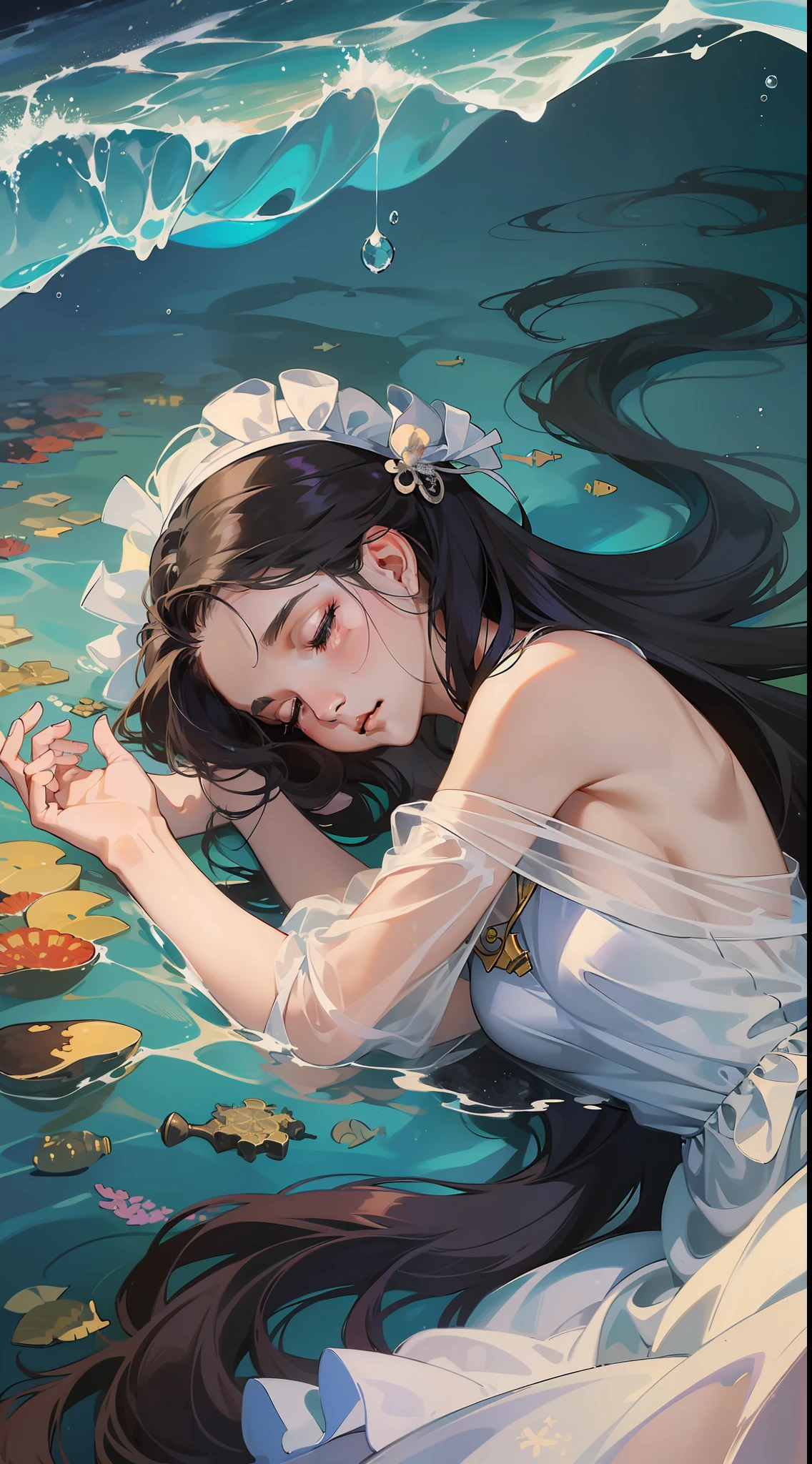 ((Superior quality, 16k, masterpiece: 1.3)), (Beauty, 1 girl, sleeping at the bottom of the sea, dark maritime scenery, white dress).