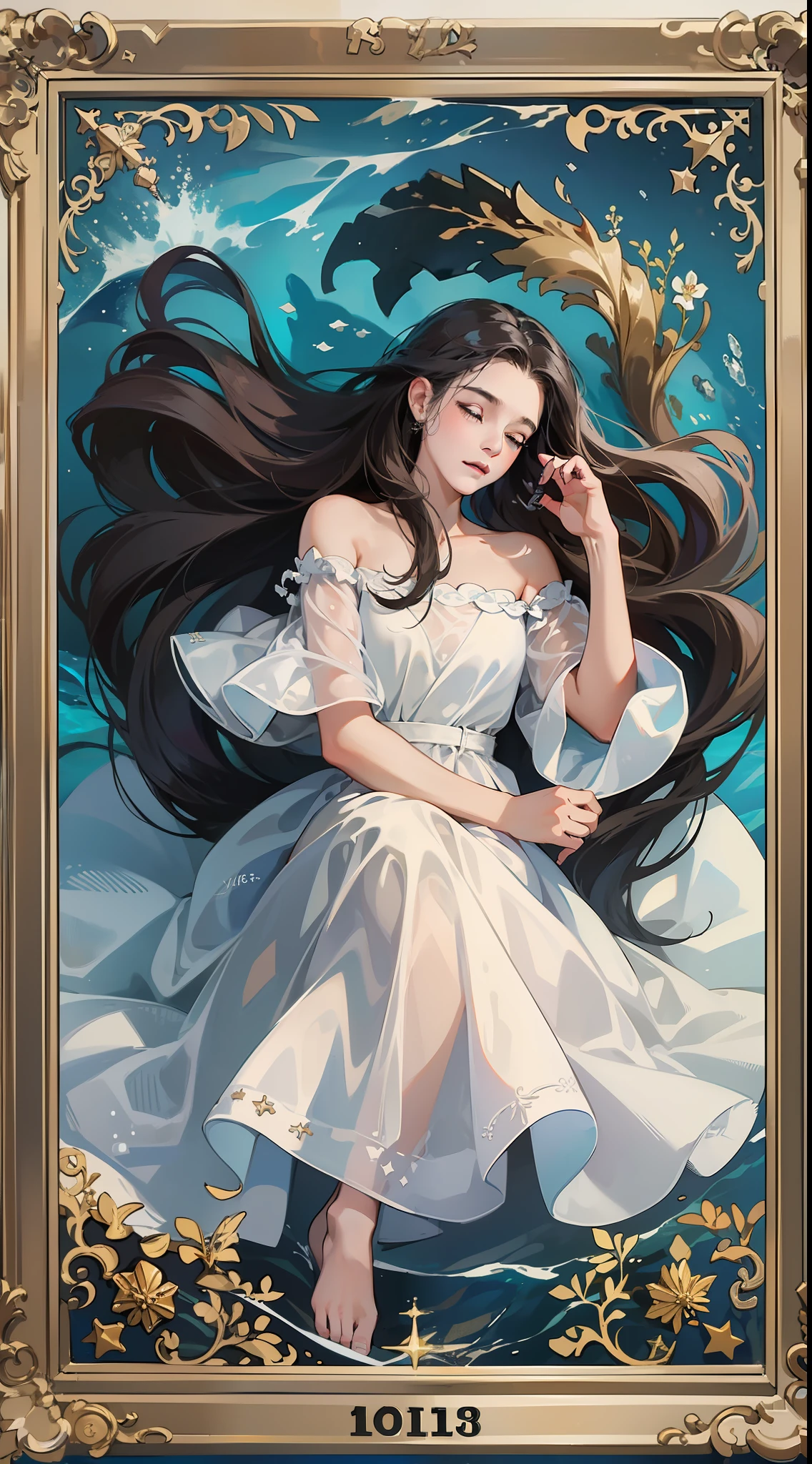 ((Superior quality, 16k, masterpiece: 1.3)), (Beauty, 1 girl, sleeping at the bottom of the sea, dark maritime scenery, white dress).