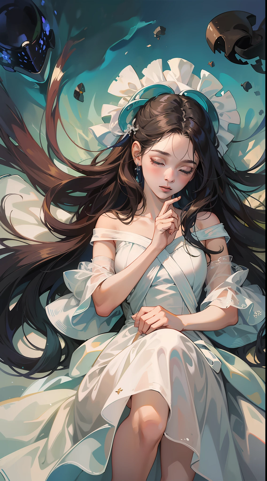 ((Superior quality, 16k, masterpiece: 1.3)), (Beauty, 1 girl, sleeping at the bottom of the sea, dark maritime scenery, white dress).