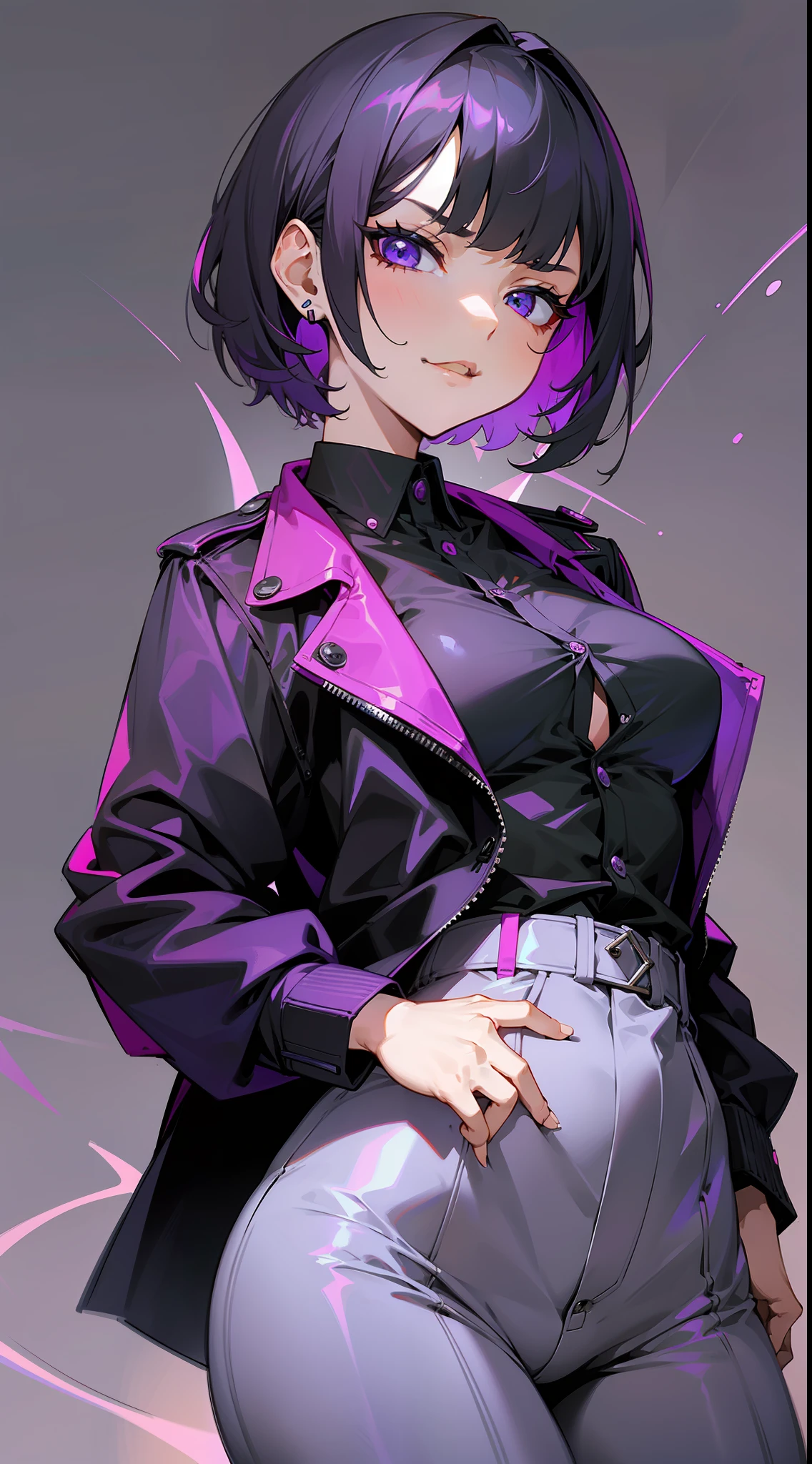 A girl, short hair + black color + purple tips, long sleeve shirt + white + open buttons, tight pants, black jacket, sexy, evil face