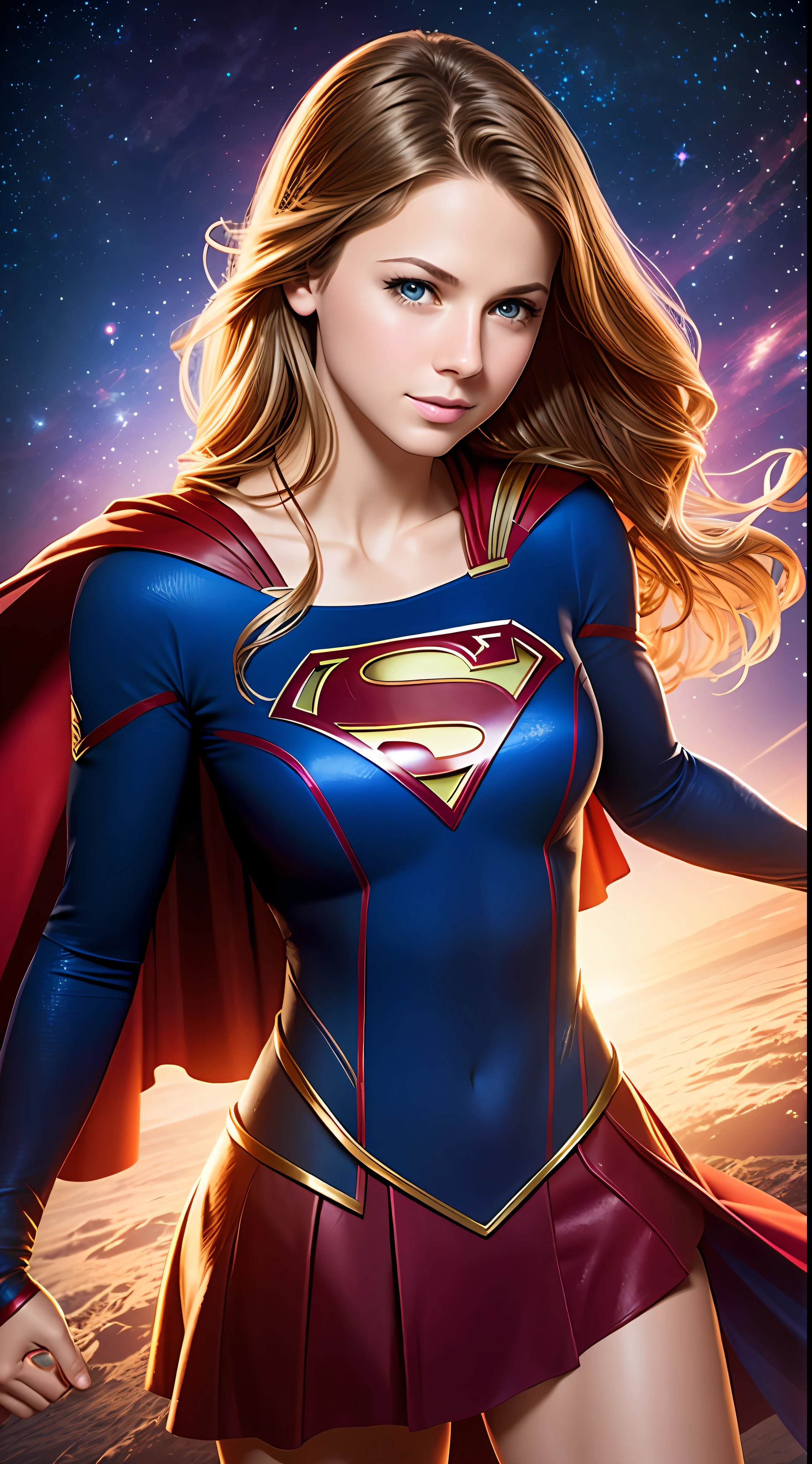 sexy photo portrait of Supergirl Melissa Benoist, colorful and realistic round eyes, dreamy magical atmosphere, superhero costume, (large breasts: 1.3), awesome illustration, very sexy beauty IA woman, long lond hair, perfect mouth and lips, Wes Benscoter style, a deep dark space atmosphere, space background, realistic, staring at camera, wearing a very sexy supergirl cosplay costume