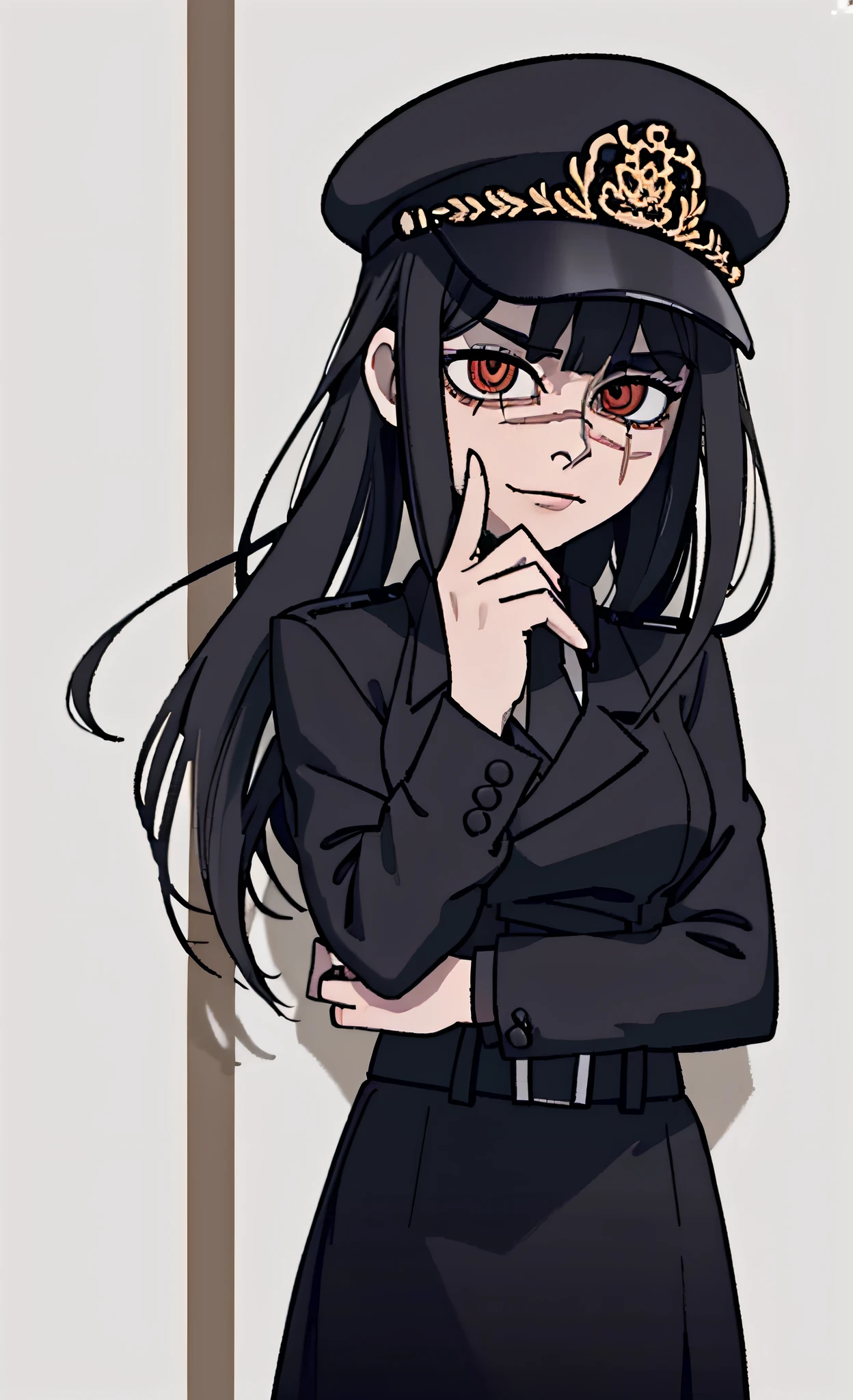 (masterpiece, best quality: 1.2), Solo, 1girl, Yoru \(Chainsaw Man\), looking at the viewer, different poses, red eye, long hair, completely black hair, reference to clothing of a German WWII general, black long sleeves (best quality), scar on face, beautiful eyes, has only 2 arms, has war medals on his clothes, Black Military Cap, Golden Eagle Medal on Clothing, (Wallpaper), (8K HD), (8K HD), Golden Shoulder Pads, Sprites, 1 Single Design (masterpiece, best quality: 1.2), Solo, 1girl, Yoru \(Chainsaw Man\), looking at the viewer, smile, happy, different poses, red eye, long hair, completely black hair, reference to clothing of a German WWII general, black long sleeves (best quality), scar on face, beautiful eyes, has only 2 arms, has war medals on his clothes, black military cap, golden eagle medal on clothing, (wallpaper), (8K HD), (8K HD), (8K HD), golden shoulder pads, sprites, 1 single design