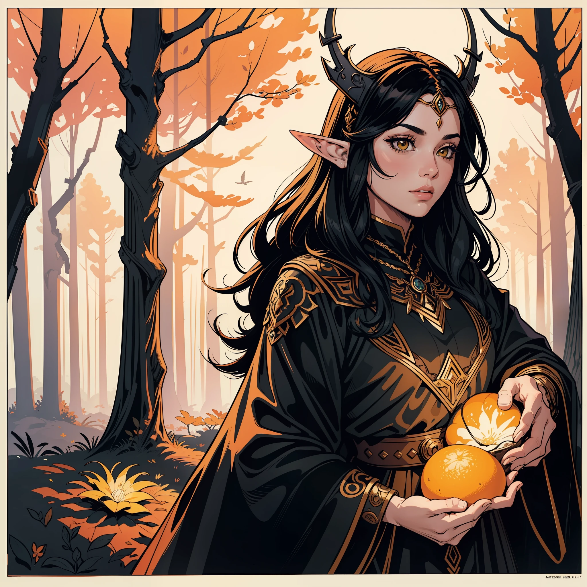 (original ink-art: 1.2), (lineart: 1.33), miss 1woman, female elf portrait, black messy hair, (lineart: 1.33) enchanted girl, nature accessories, forest items, close-up, imposing-headgear, (hyperdefined), (inked-art), yellow pink orange tones, cartoons, aesthetic fantasy lord of the rings, complex lighting, (flat-colors), hatched texture, (fine details: 1.2), absurd, flat-colors, fullscreen, ultradetailed, limited-palette, onyx [ATTENTION - this is the only one Image generated with an img2img solution - check the others]