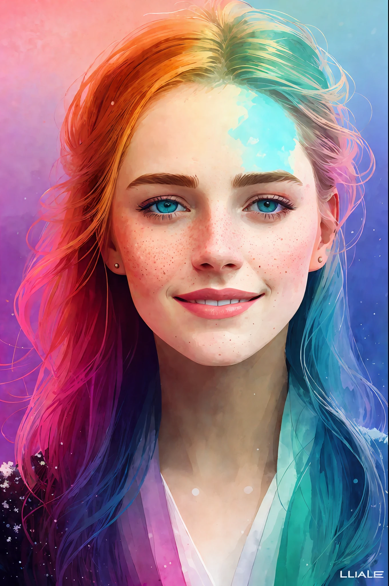 portrait of beautiful smiling woman with some freckles, snow-covered mountain landscape background by ilya kuvshinov and annie leibowitz. synthwave watercolor painting on canvas trending in artstation dramatic lighting abstract expressionism pastel shades tones (hd) golden ratio details aesthetic octane render excellent composition natural textures 8k oil paining masterpiece canon eos r4s 50