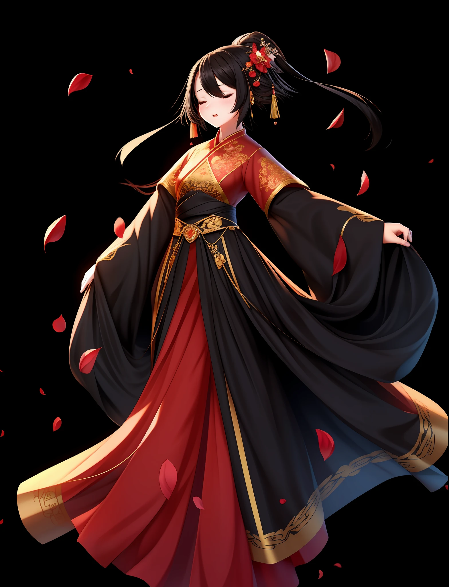 best quality,
1girl, solo, petals, closed eyes, hair ornament, dress, jewelry, black background, full body, black hair, long sleeves, red dress, sash, earrings, chinese clothes, floating hair, simple background, standing, closed mouth, hanfu
rackanimal,black background,