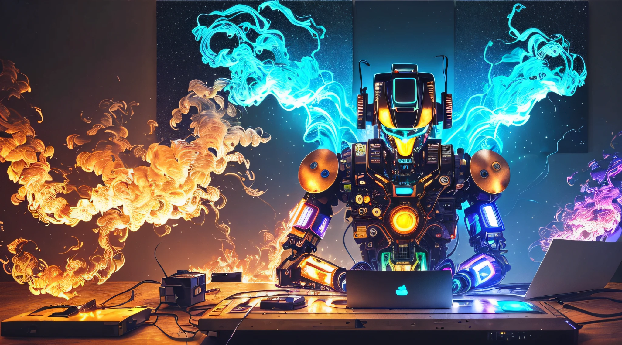 (masterpiece, best quality, highres, absurdres, detailed:1.2), humanoid, robot, wearing headphones, looking away, (cyberpunk, art canvas, painting, parts, cables, wires, broken, iridescent, holographic: 1.6), laptop on fire, wood table, (flames, fire, smoke, overheat, explosion in background)