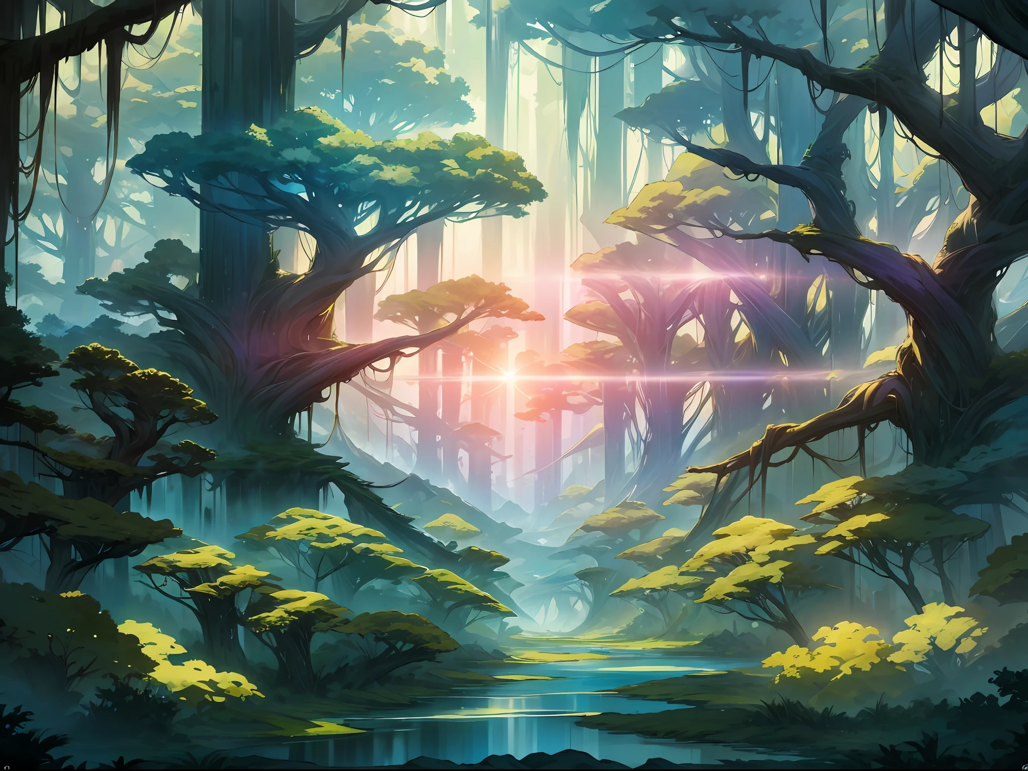 In a scene full of contrasts, we glimpse a majestic horizon at dawn. The sun emerges in the sky, painting it with soft shades of orange and pink, radiating a golden light over the landscape. The clouds disperse, revealing a clear blue sky, a symbol of the hope that always endures. In the foreground stands a sturdy tree, whose branches extend in different directions. Its leaves dance in the wind, displaying a verdant exuberance. In it, we find ripe fruits and new shoots, a representation of the constant renewal that life provides. At the foot of the tree lie traces of difficulties overcome. Uneven rocks and arid soil evoke the adversities faced along the journey. However, there are also signs of overcoming, with small plants emerging between the cracks of the stones, displaying their resilience and ability to grow in the midst of adversity. In one corner of the image, we observe human figures. Some of them are hunched over, carrying the weight of daily trials, their faces reflecting weariness and worry. But others are standing, rising above the difficulties and extending their hands in gestures of support and solidarity. In the center of the image, a stream meanders through the scenery. Its crystal clear waters flow incessantly, symbolizing the constant transformation of life. The creek reflects the challenges we go through, but also the blessings we encounter along the way. This image captures the essence of human existence, showing that life is a mixture of ills and treasures. It reminds us of our ability to overcome obstacles, of the constant renewal and beauty that emerges even in the most difficult circumstances. --auto --s2