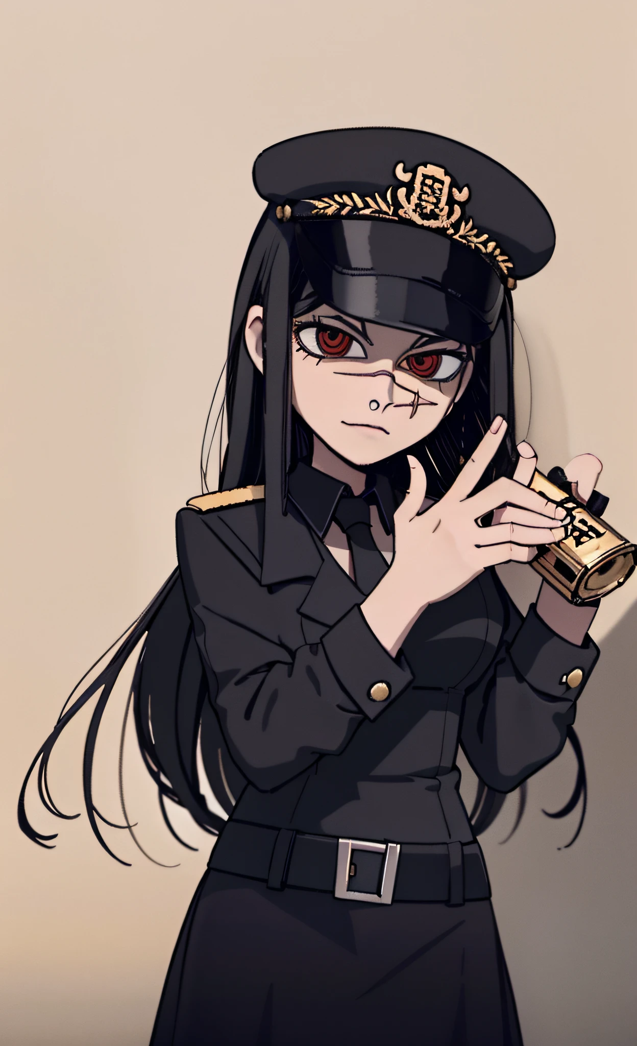 (masterpiece, best quality: 1.2), Solo, 1girl, Yoru \(Chainsaw Man\), looking right, disappointment, sad, different poses, red eye, long hair, completely black hair, reference to dress of a German general of World War II, black long sleeves, black tie, clanca shirt, (best quality), scar on face, beautiful eyes, has only 2 arms, has war medals on his clothes, Black Military Cap, Golden Eagle Medal on Clothing, (wallpaper), (8K HD), (8K HD), Golden shoulder pads, Sprites, 1 single design