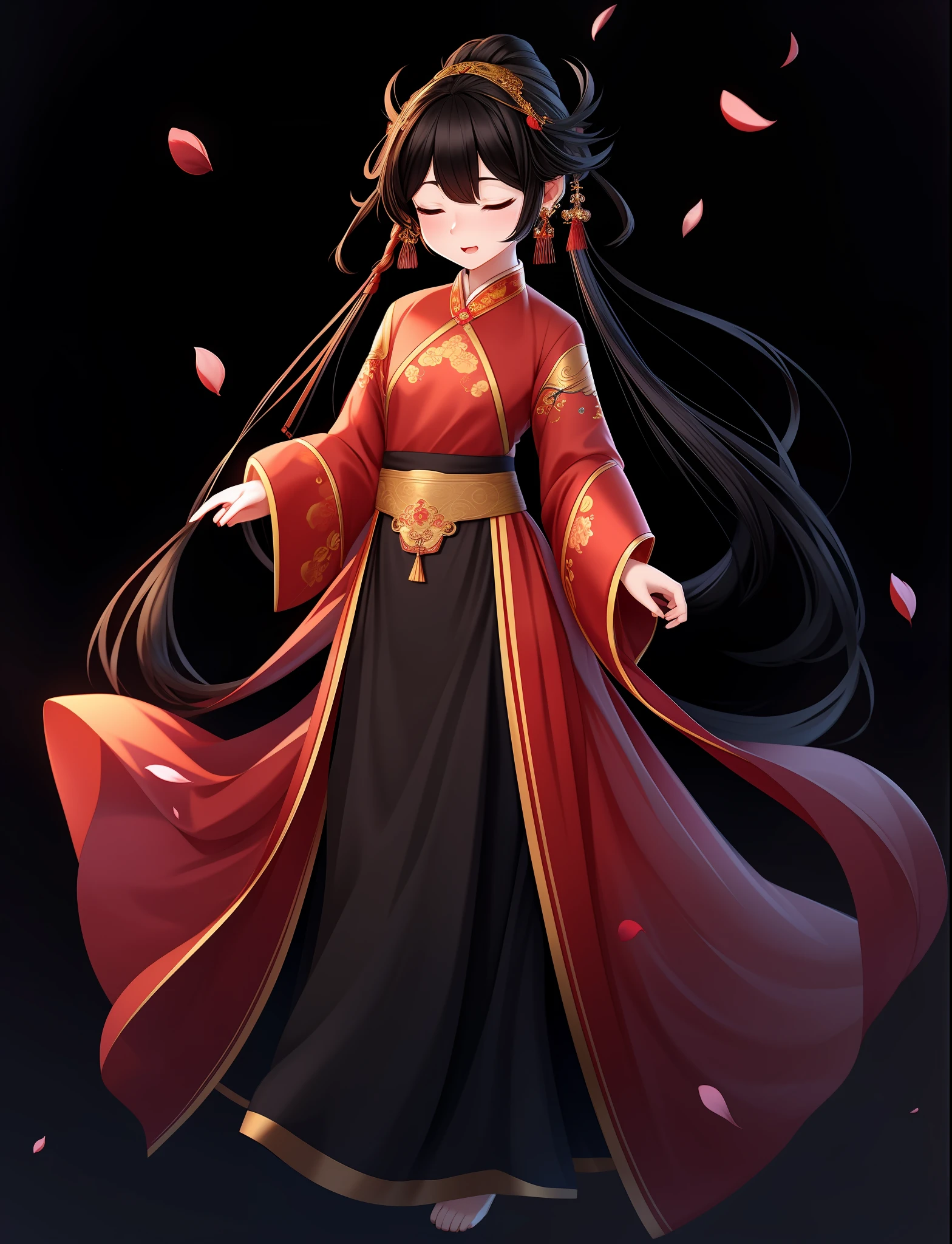 best quality,
1girl, solo, petals, closed eyes, hair ornament, dress, jewelry, black background, full body, black hair, long sleeves, red dress, sash, earrings, chinese clothes, floating hair, simple background, standing, closed mouth, hanfu
rackanimal,black background,