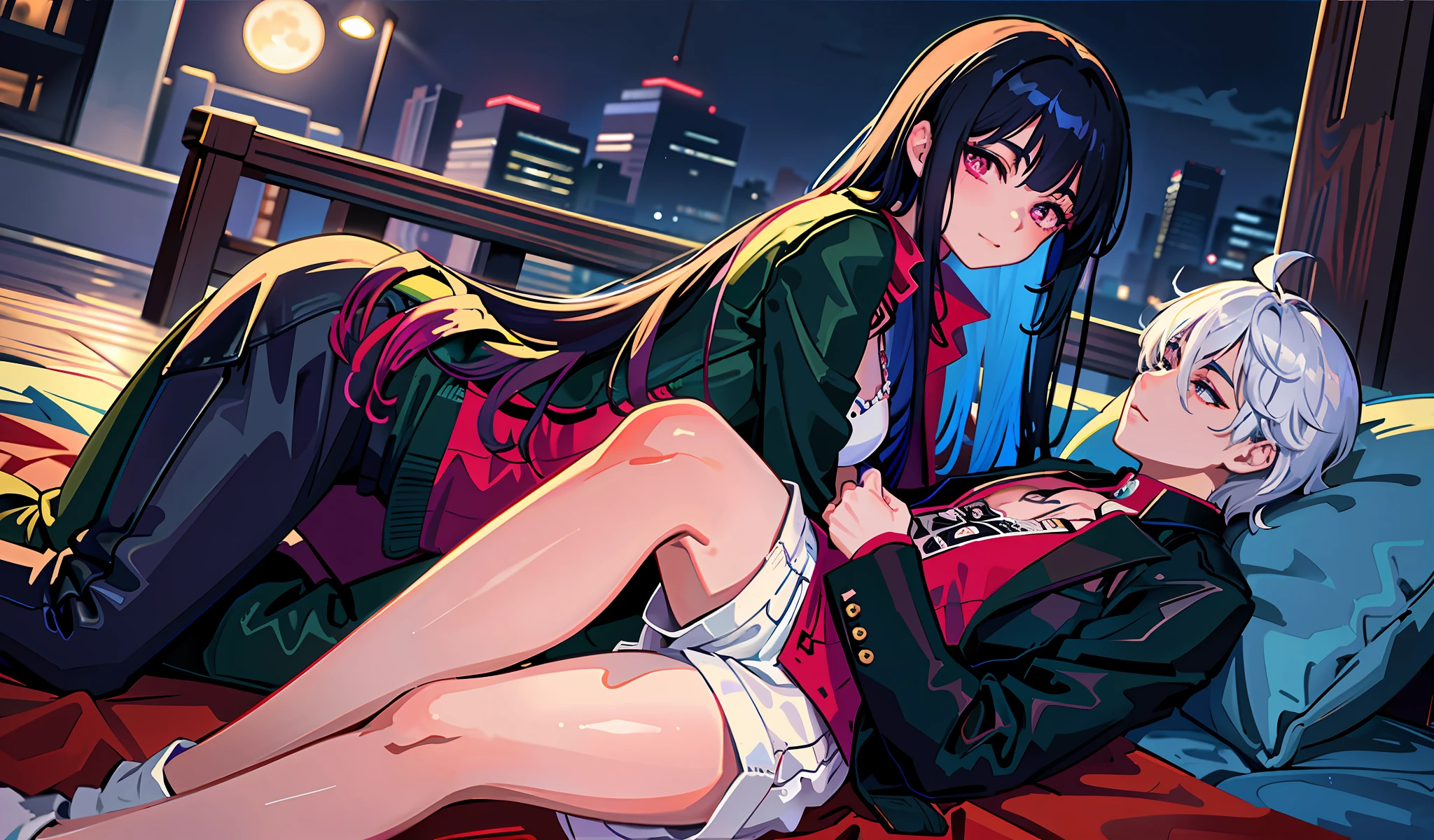 (masterpiece, best quality), two people lying, 1boy, 1girl, emo, beautiful long hair, colorful hair, intricate jacket, magical tattoos, perfect night, moonlight, street