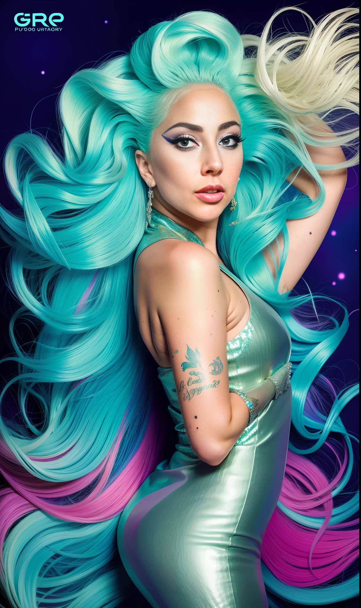 Photo of lady gaga dressed with mermaid nogr print,4K texture, long hair, high quality, extravagant hairstyle, original album cover, 8k image, futuristic, high image quality, at night, hair accessories, 8k image, realistic face in high quality, full body, different body poses, high quality face, defined features,HD