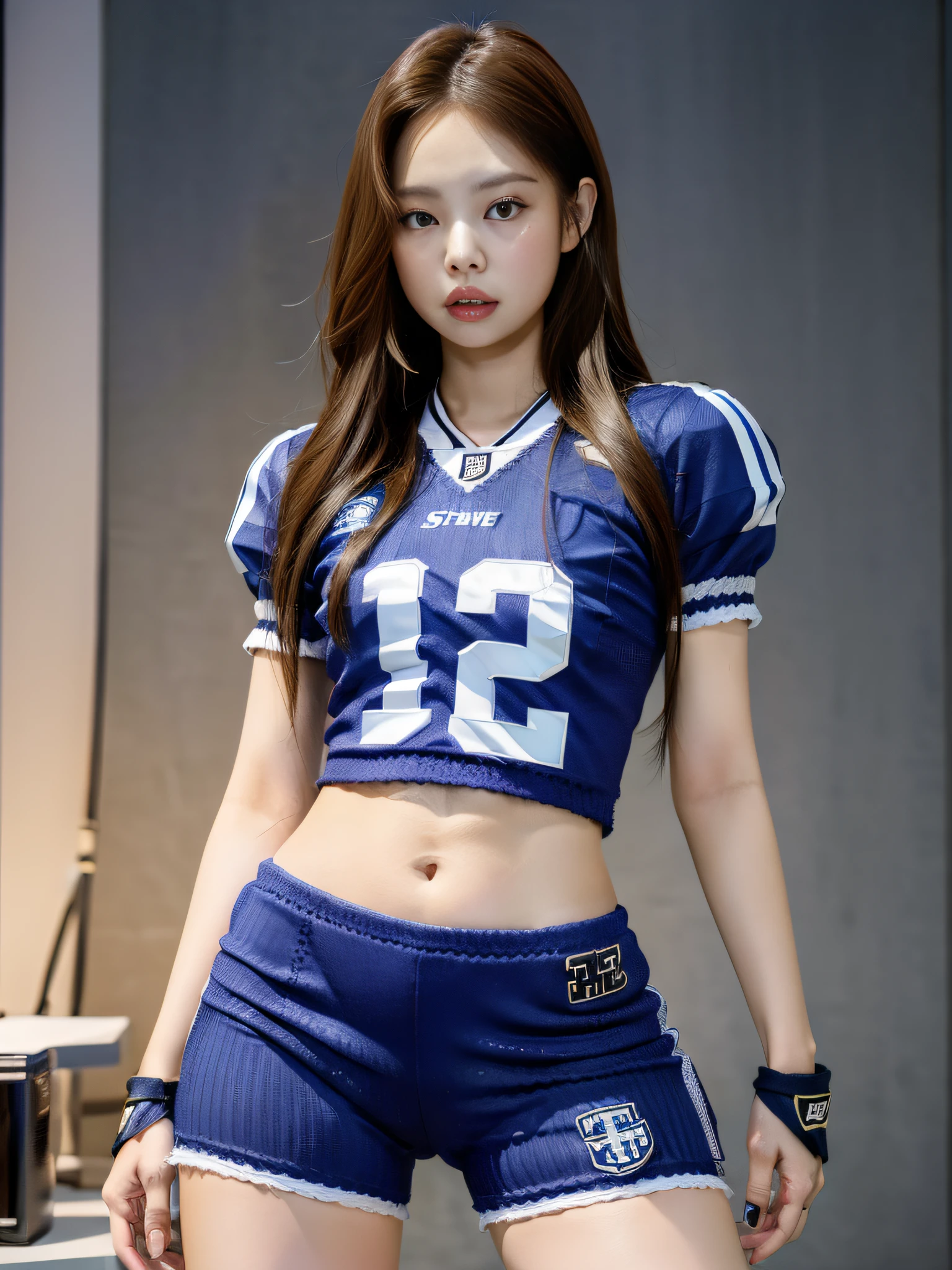 Masterpiece, superlative, realistic, Jennie wearing trendy football uniforms, knitwear, football shorts, HD, photography lighting, 16k