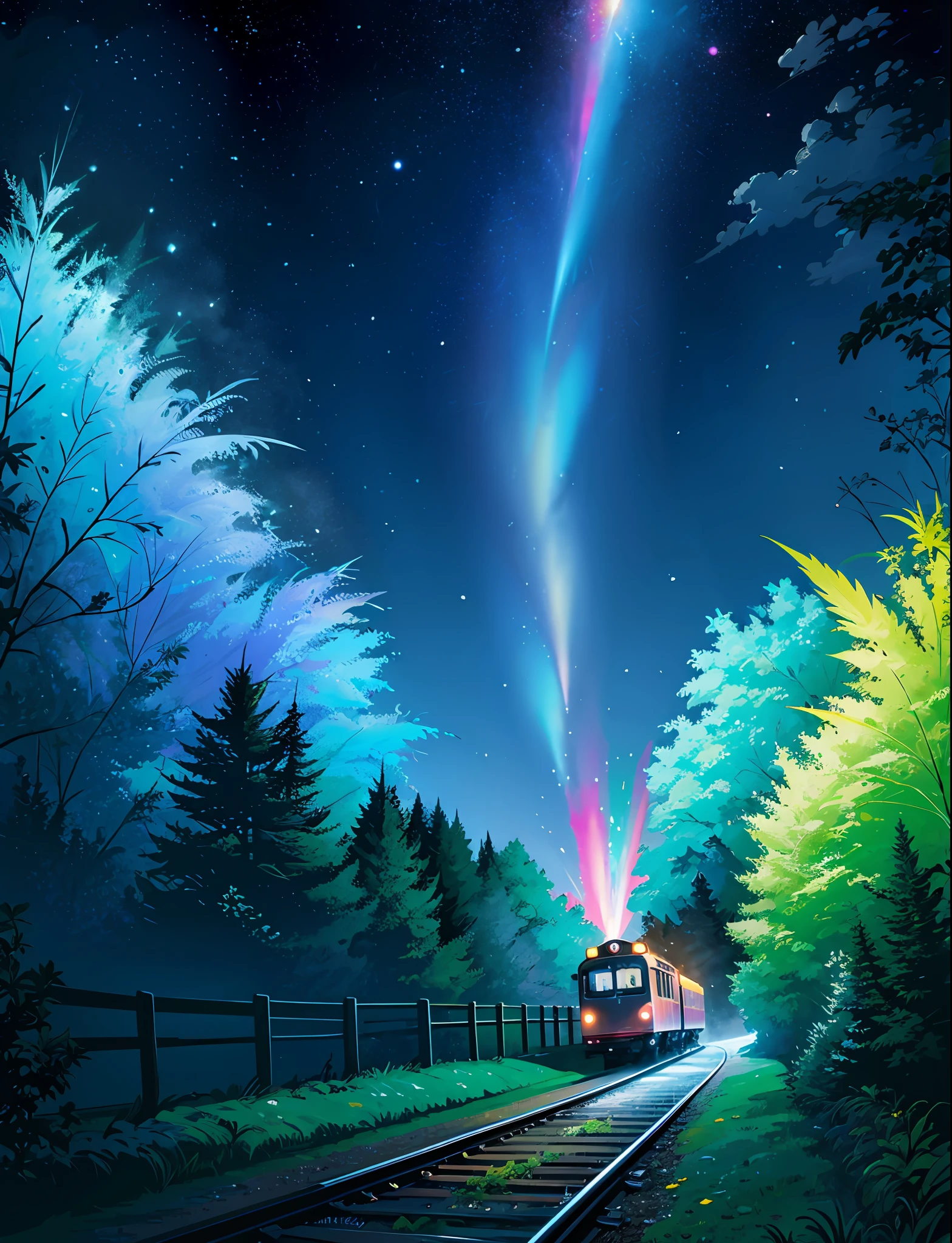 A steep chic train on a wet road. ,neon lights, neon galaxies, huge crystal moon, starry sky,,happy, peaceful, , in love Hemp, leaf,marijuana,cannabis,((illustration)), colorful, wallpaper, energy, secret,