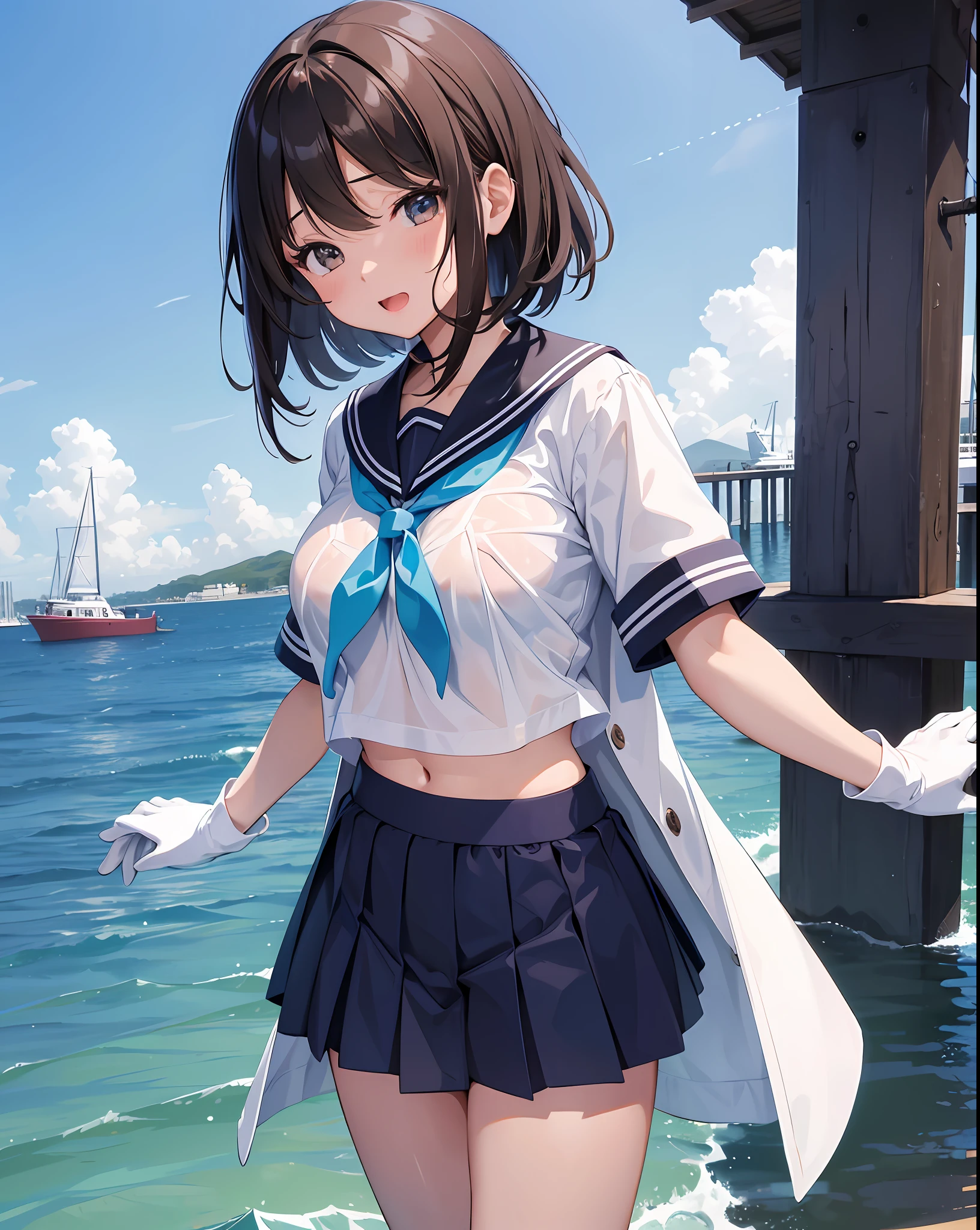 1young__女の子、ロリ、brown_hair、medium_bob_hair、blue_midriff_baring_sailor_uniform、mini_skirt、short_sleeve、太もも、big_tits,closed_eyes, 笑顔、open_mouth、立っている,harbor_background、spread_legs、幸せ、NSFW、short_gloves, wet,transparent,covered_nipples, covered_crotch, under_tits,