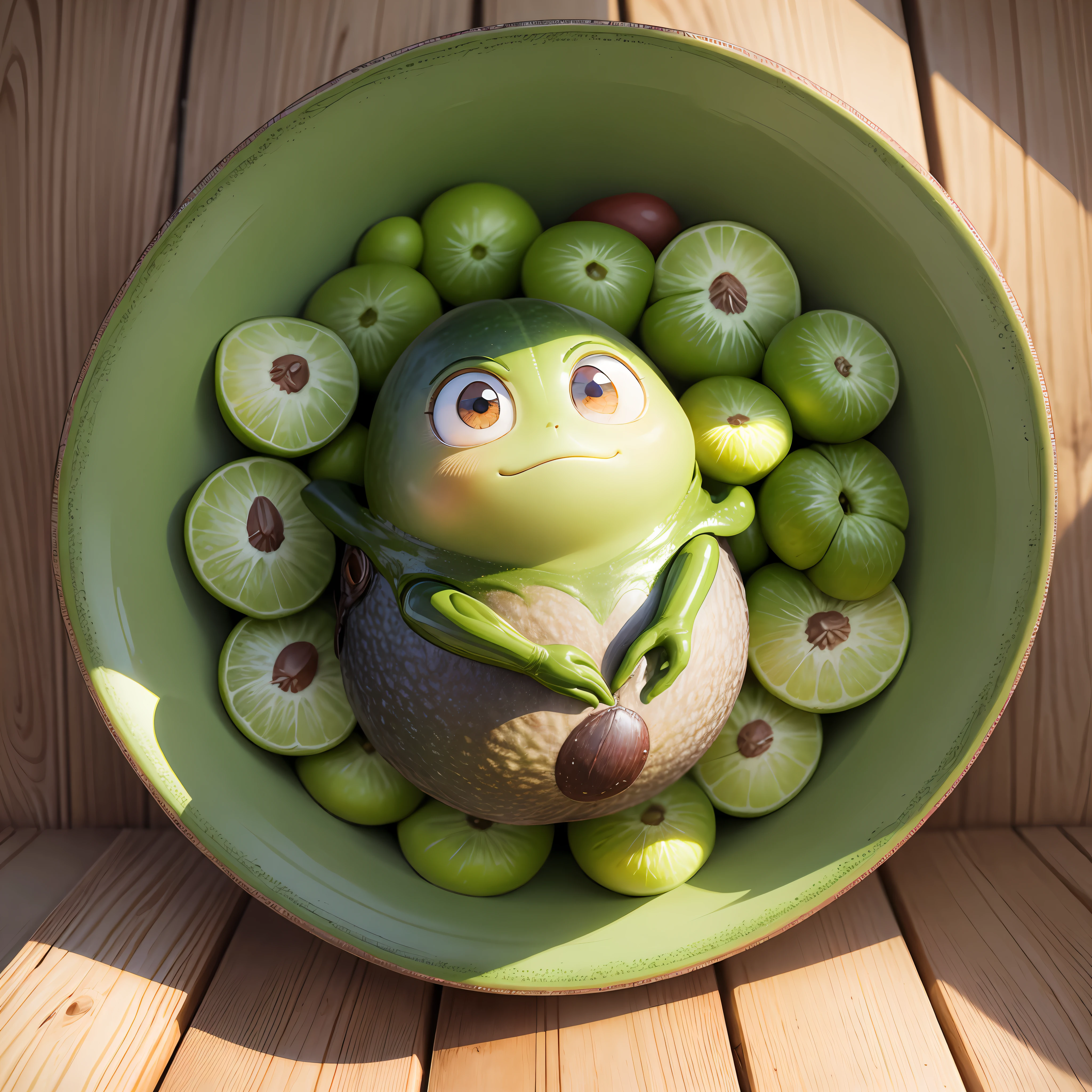 Avocado personified with eyes, arms and legs in the sunlight, cartoon --auto --s2