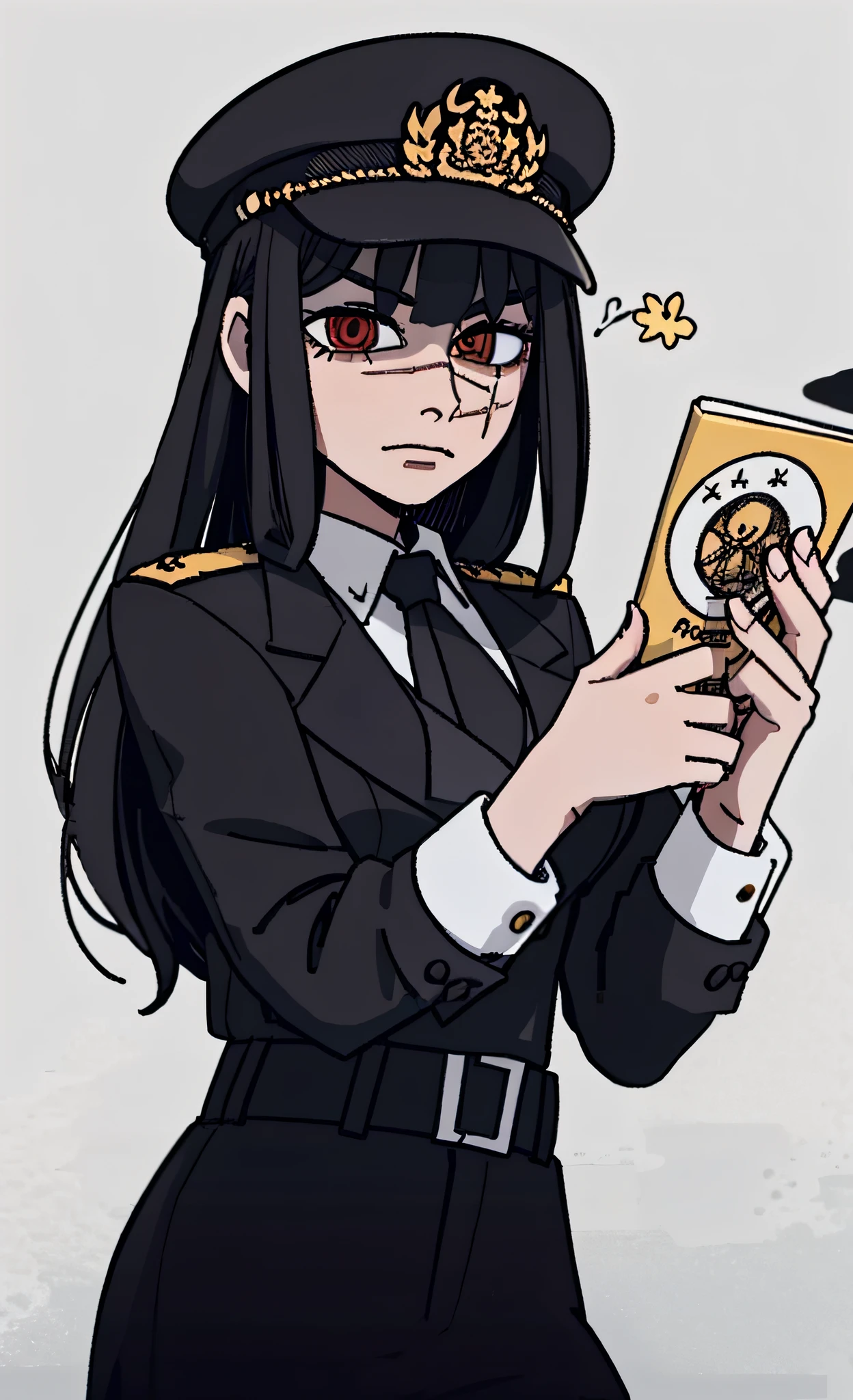 (masterpiece, best quality: 1.2), Solo, 1girl, Yoru \(Chainsaw Man\), looking right, disappointment, sad, different poses, red eye, long hair, completely black hair, reference to dress of a German general of World War II, black long sleeves, black tie, clanca shirt, (best quality), scar on face, beautiful eyes, has only 2 arms, has war medals on his clothes, Black Military Cap, Golden Eagle Medal on Clothing, (wallpaper), (8K HD), (8K HD), Golden shoulder pads, Sprites, 1 single design