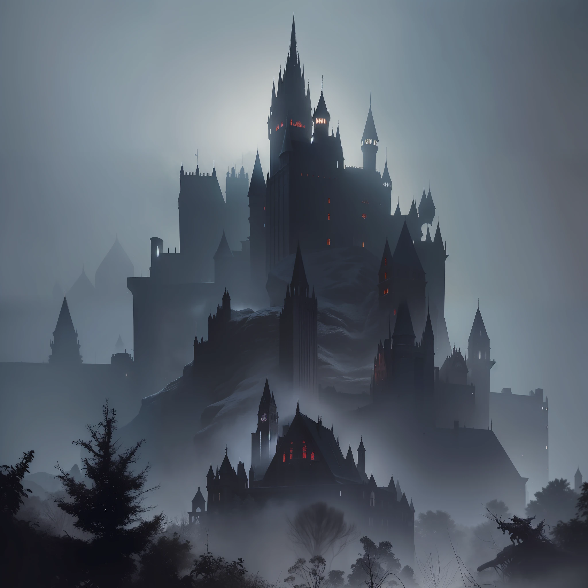 Setting, non-human, castle, dark forest, nightmare, medieval, umbrella, demonic, madness, madness, lovecraft, very dark and scary. hyper intricate details. volumetric lighting. streetwear style art. grunge. award-winning impressive masterpiece. 8k. gorgeous. wonderful. using only the colors purple, red, white. narrow depth of field. hyper-realistic art style. Spooky horror metal music vibe. Godrays, beautiful, amazing, intricate, highly detailed, digital painting, art station, concept art, sharp focus, illustration, art by Greg Rutkowski and Alphonse Mucha