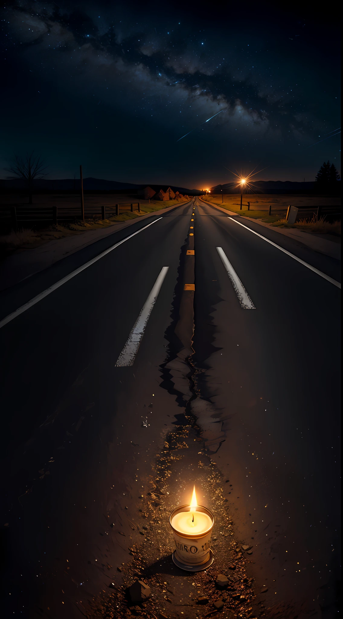 Rural dirt road, crossroads, empty street, a lit candle, night, 0h, cozy, little illusioned, intricate, hyperdetailed, realistic, ultrarealistic, high quality, best, ultra detail, , extremely detailed, photo realism, 8k uhd, just a car circling, with a single occupant