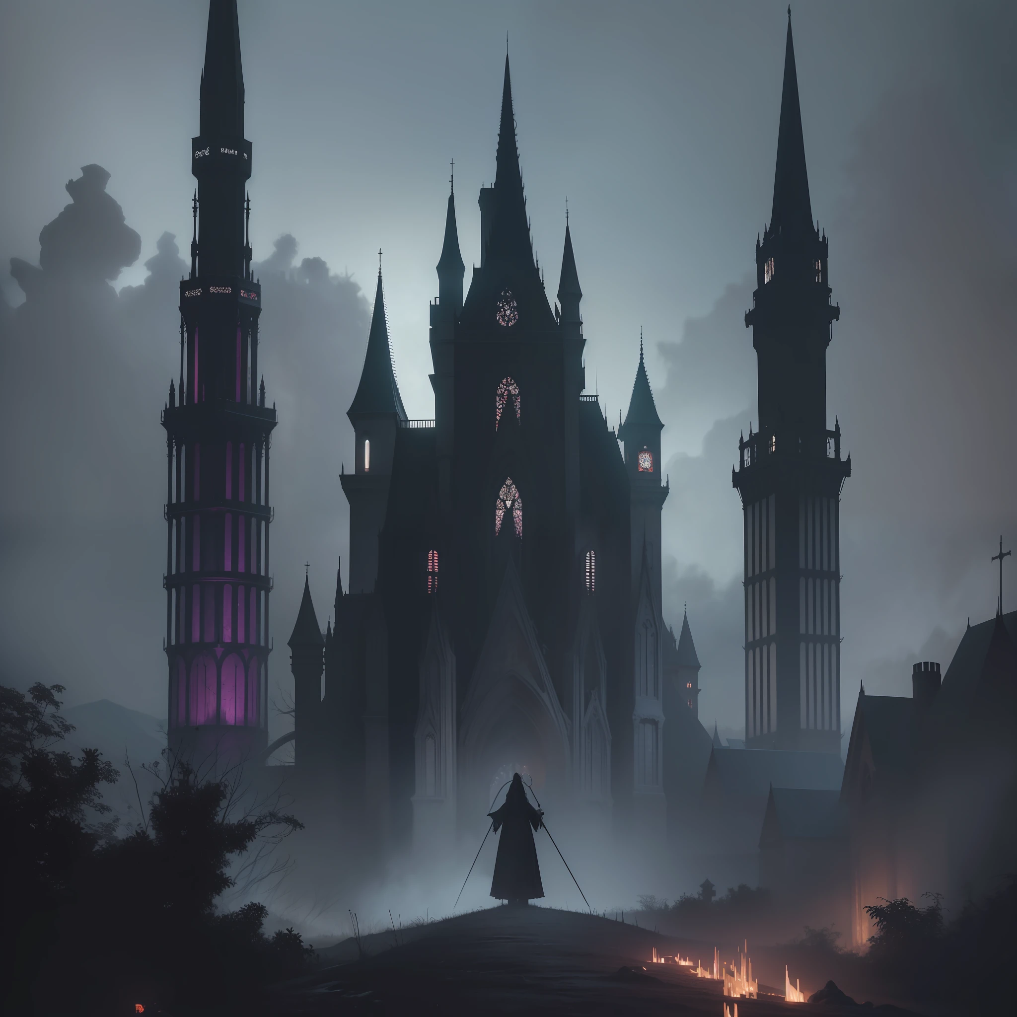 Setting, non-human, castle, dark forest, nightmare, medieval, umbrella, demonic, madness, madness, lovecraft, very dark and scary. hyper intricate details. volumetric lighting. streetwear style art. grunge. award-winning impressive masterpiece. 8k. gorgeous. wonderful. using only the colors purple, red, white. narrow depth of field. hyper-realistic art style. Spooky horror metal music vibe. Godrays, beautiful, amazing, intricate, highly detailed, digital painting, art station, concept art, sharp focus, illustration, art by Greg Rutkowski and Alphonse Mucha