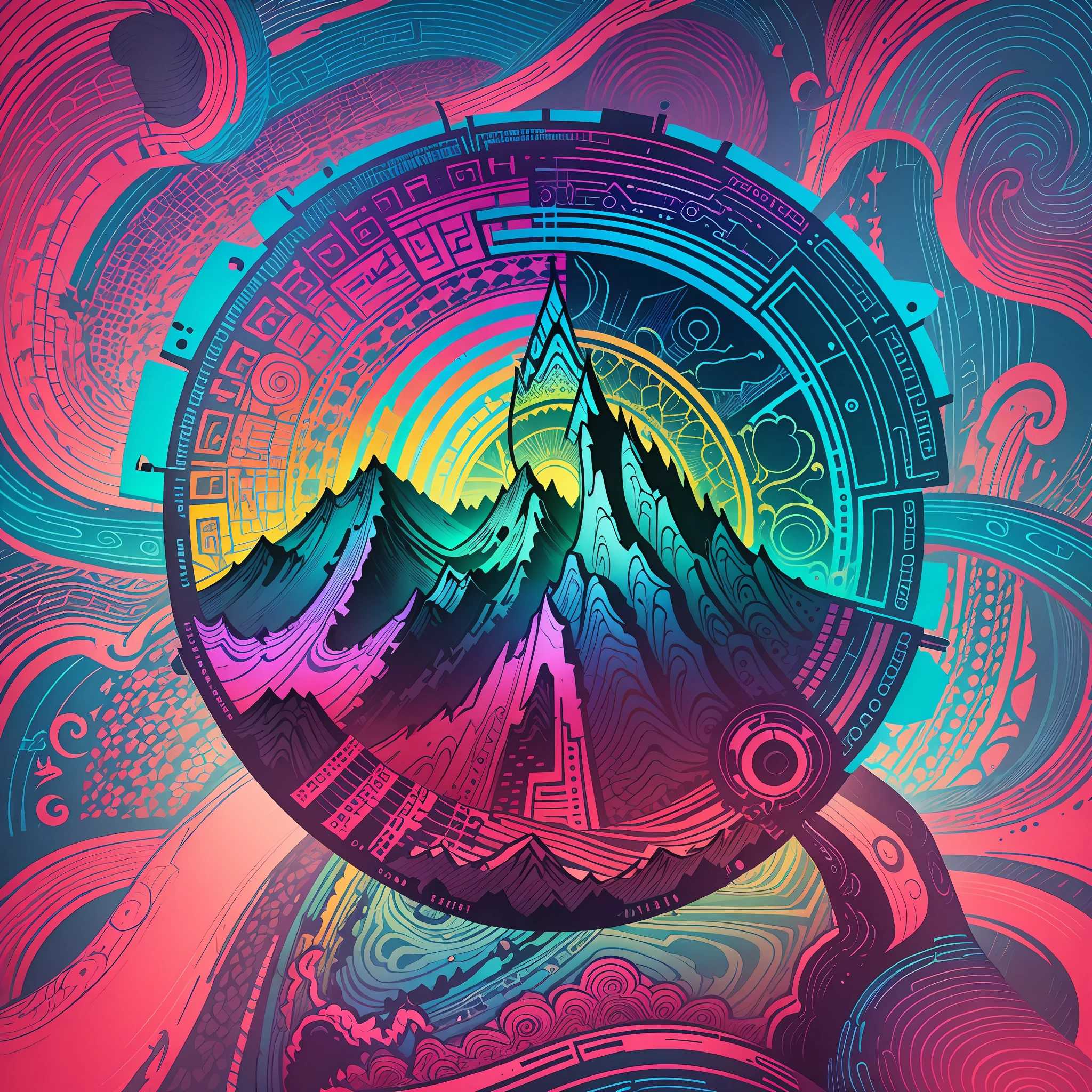 Design an eye-catching t-shirt graphic that incorporates vibrant colors, geometric patterns, and an adventurous theme. The design should feature a majestic mountain peak with a rising sun in the background. Surrounding the mountain, add elements like soaring birds, lush trees, and a flowing river. Incorporate the text 'Wanderlust' in a stylish and bold font that complements the overall design. The t-shirt should evoke a sense of exploration, freedom, and love for the great outdoors." --auto --s2