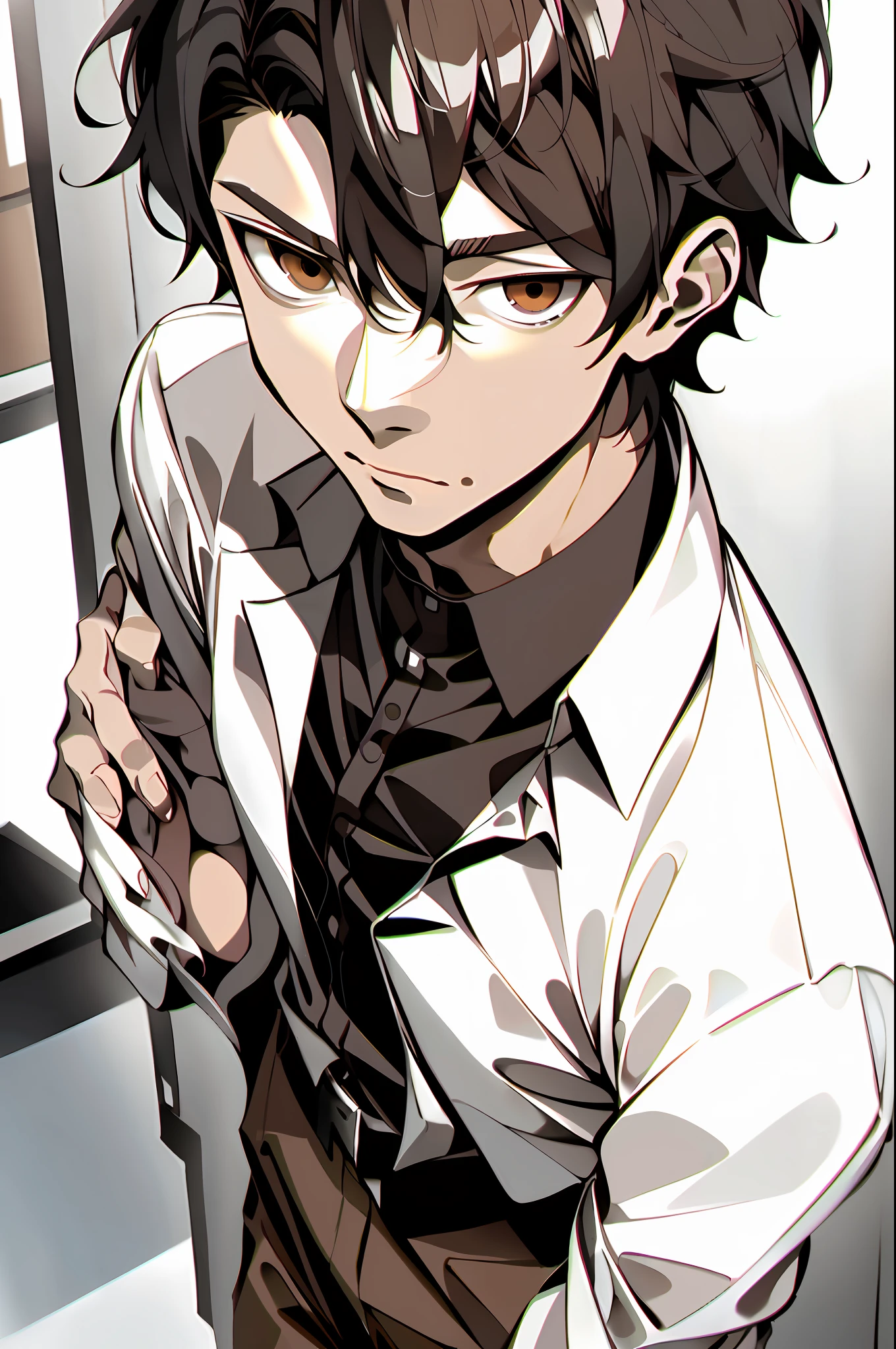 Adult male, Osamu dazai, short brown hair, gentle, (broad shoulders: 1.4, weak brown eyes, handsome man, eyelashes, above all brown and white dress shirt underneath, handsome boy, two-dimensional, close-up, gentle, handsome