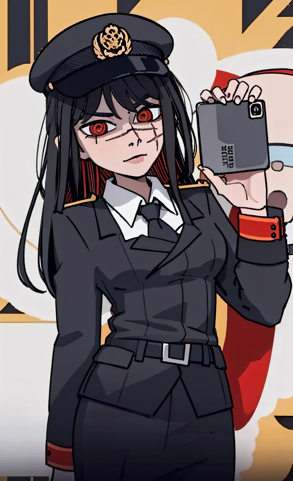 (masterpiece, best quality: 1.2), Solo, 1girl, Yoru \(Chainsaw Man\), looking at the viewer, different poses, red eye, expressionless look, long hair, completely black hair, reference to clothing of a German WWII general, black long sleeves (best quality), scar on face, beautiful eyes, has only 2 arms, has war medals on his clothes, Black Military Cap, Golden Eagle Medal on Clothing, (Wallpaper), (8K HD), (8K HD), Golden Shoulder Pads, Sprites, 1 Single Design
