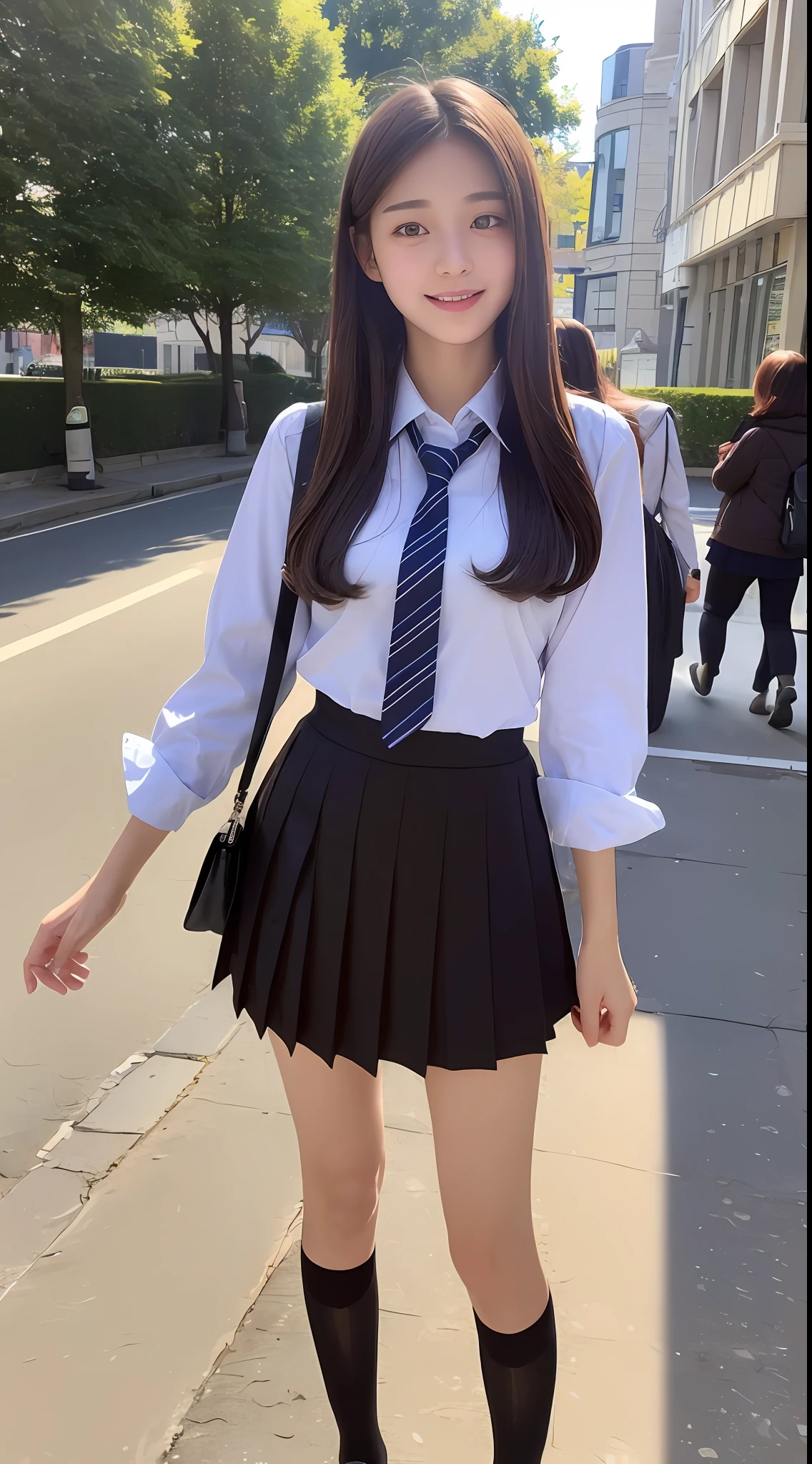 ((top quality, 8k, masterpiece: 1.3)), 1 girl, smile, full body, slim face, pretty woman, (dark brown hair), schoolgirl uniform: 1.1, ultra detailed face, detailed eyes, double eyelids, blurred background, slim face, city, outside, street,