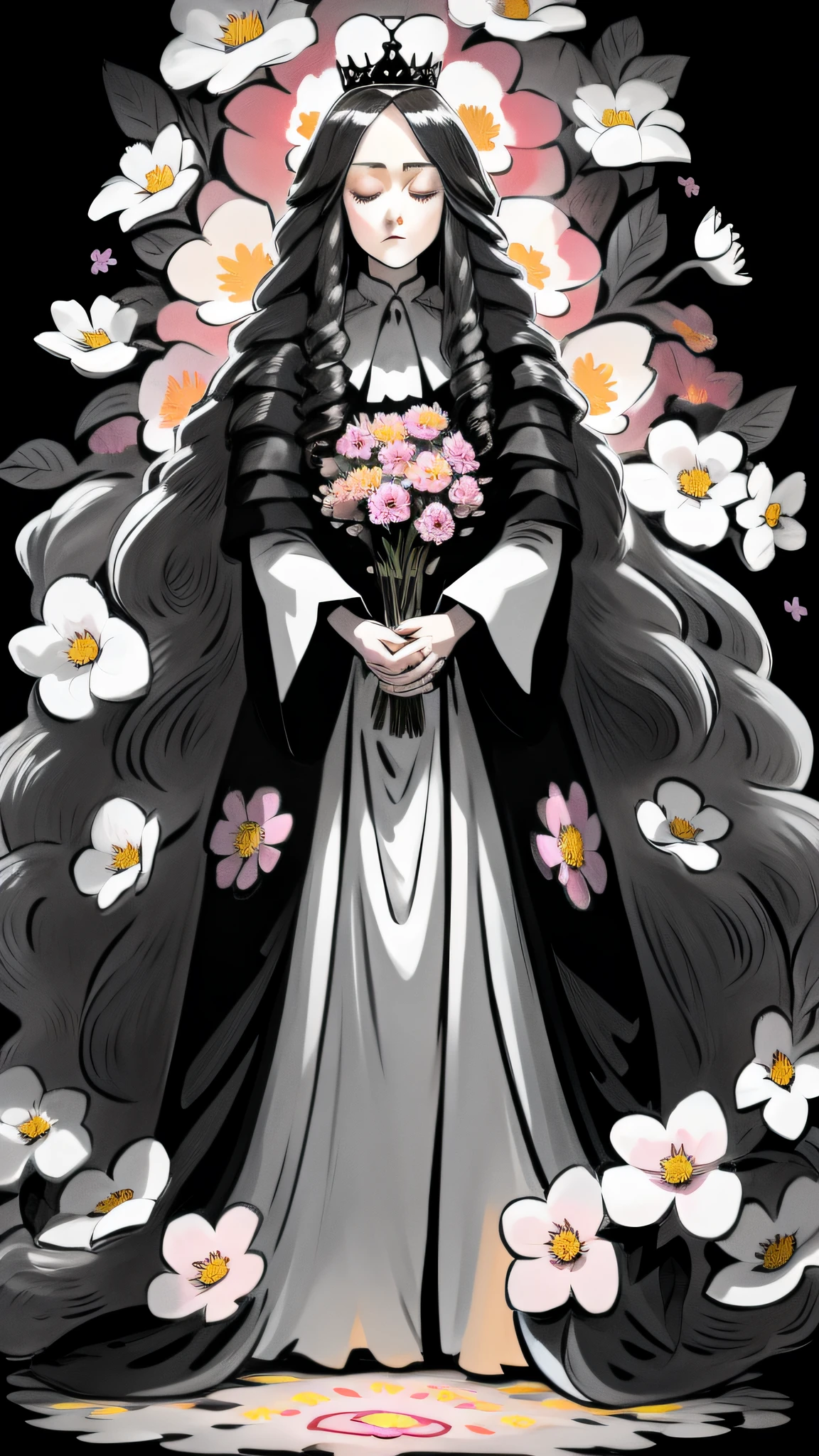 masterpiece, best quality,1girl, long hair, (glowing:1.15), (team:1.1), (flowers:1.15), (monarch:1.05), sleepy, Long coat